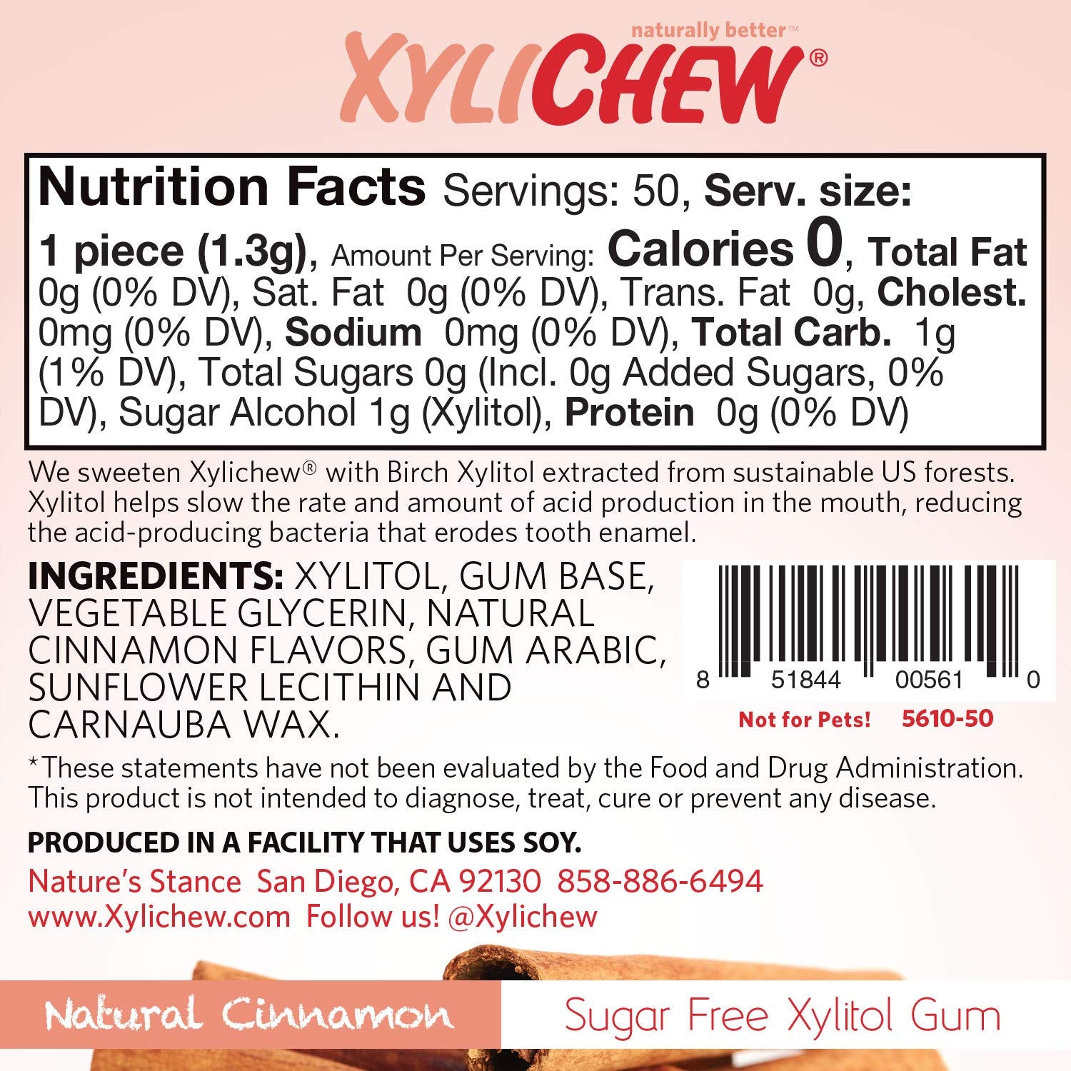 Xylichew 100% Xylitol Chewing Gum - Non GMO, Non Aspartame, Gluten Free, and Sugar Free Gum - Natural Oral Care, Relieves Bad Breath and Dry Mouth - Cinnamon, 50 Count