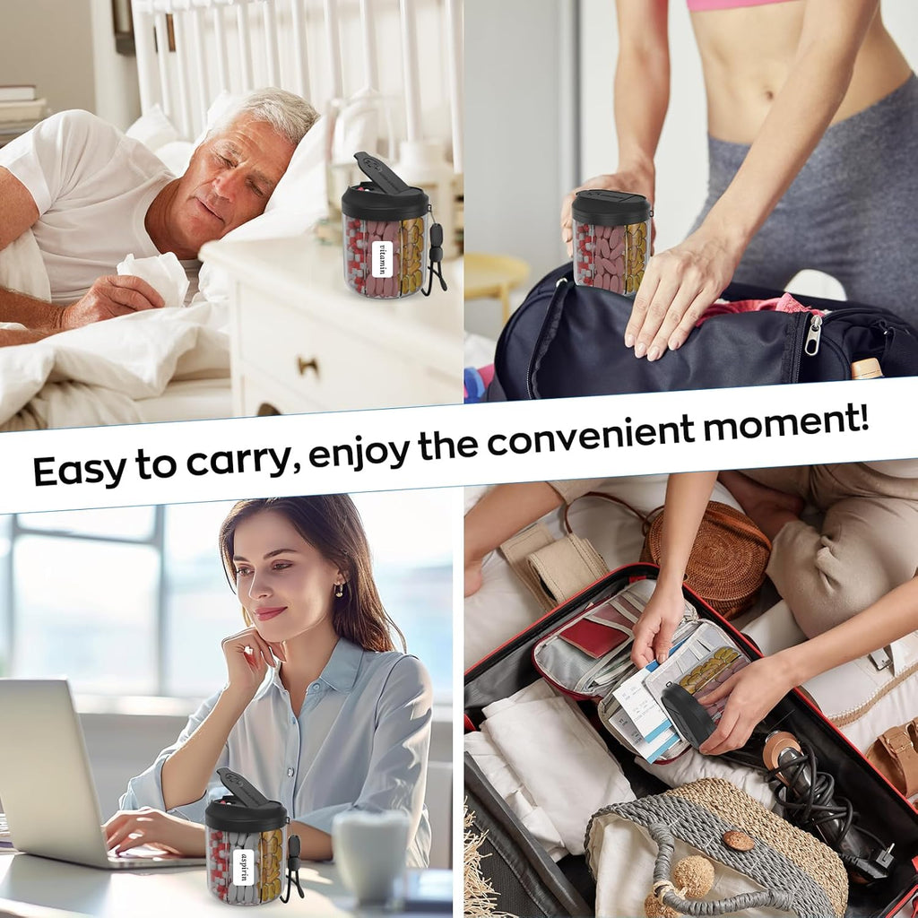 Pill Dispenser with 7 Large Compartments, Pill Bottle Organizer for Travel, Supplement Organizer with Anti-Mixing Design, Pill Container with 20 Pcs Labels, Black 2Pcs