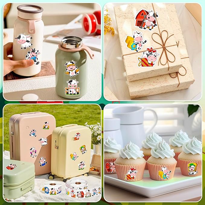 1200 Pcs Cute Cows Stickers for Kids 2 Roll Water Bottle Farm Stickers 2 Roll Sticker for Teacher Reward School Supplies Incentives Cow Party Favors (16 Styles)