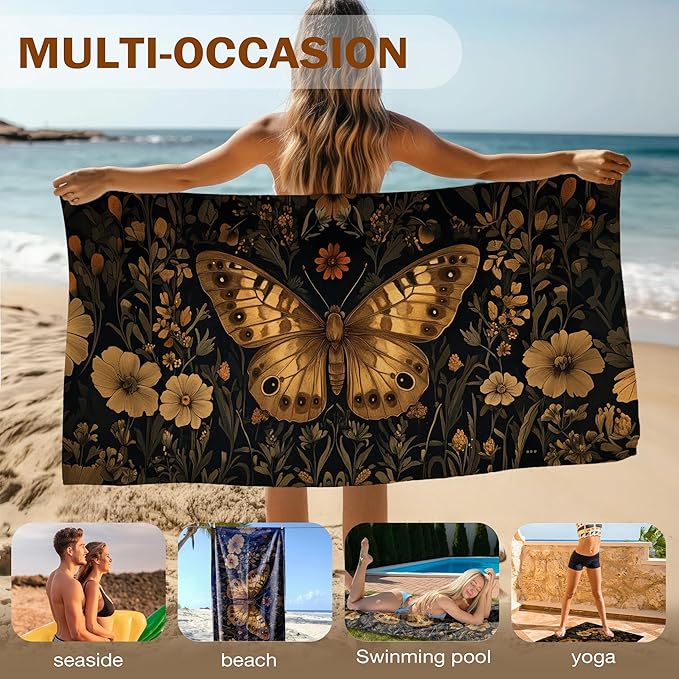 Vintage Butterfly Beach Towel, Vintage Butterfly Pool Towels, Dark Cottagecore Botanical Large Beach Bath Travel Towels for Women, Retro Butterflies Flowers Bathroom Accessories Decor, 30x60in