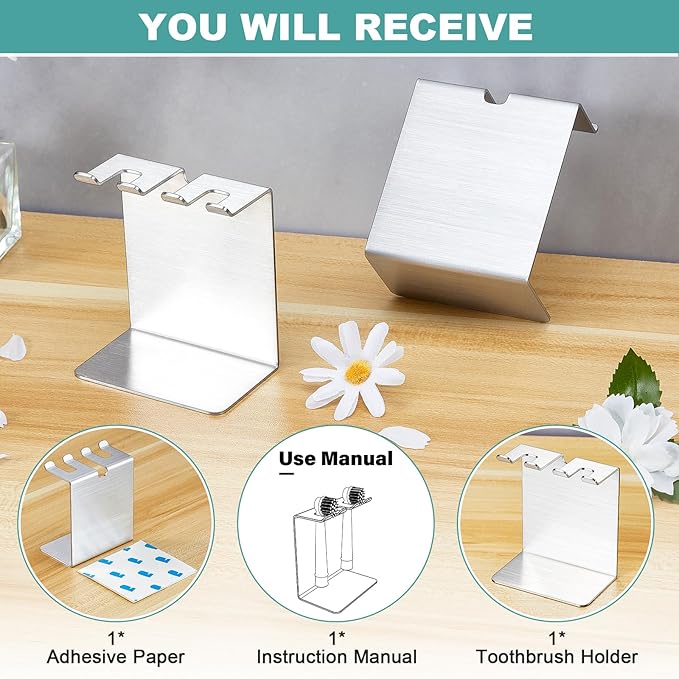 Electric Toothbrush Head Holder, Tooth Brushing Holder, Wall Mounted Toothbrush Holders Shower Bathroom, Self Adhesive or Desktop Tooth Brush Holder Organiser (Silver, Small)