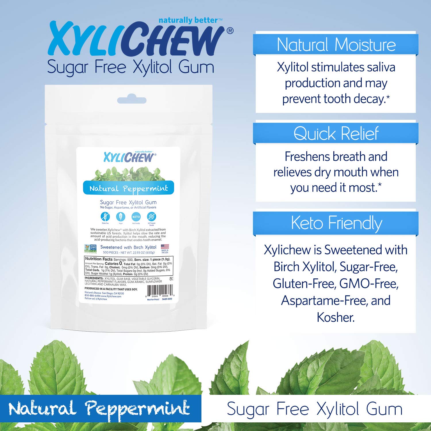 Xylichew 100% Xylitol Chewing Gum - Non GMO, Non Aspartame, Gluten Free, and Sugar Free Gum - Natural Oral Care, Relieves Bad Breath and Dry Mouth - Peppermint, 500 Count