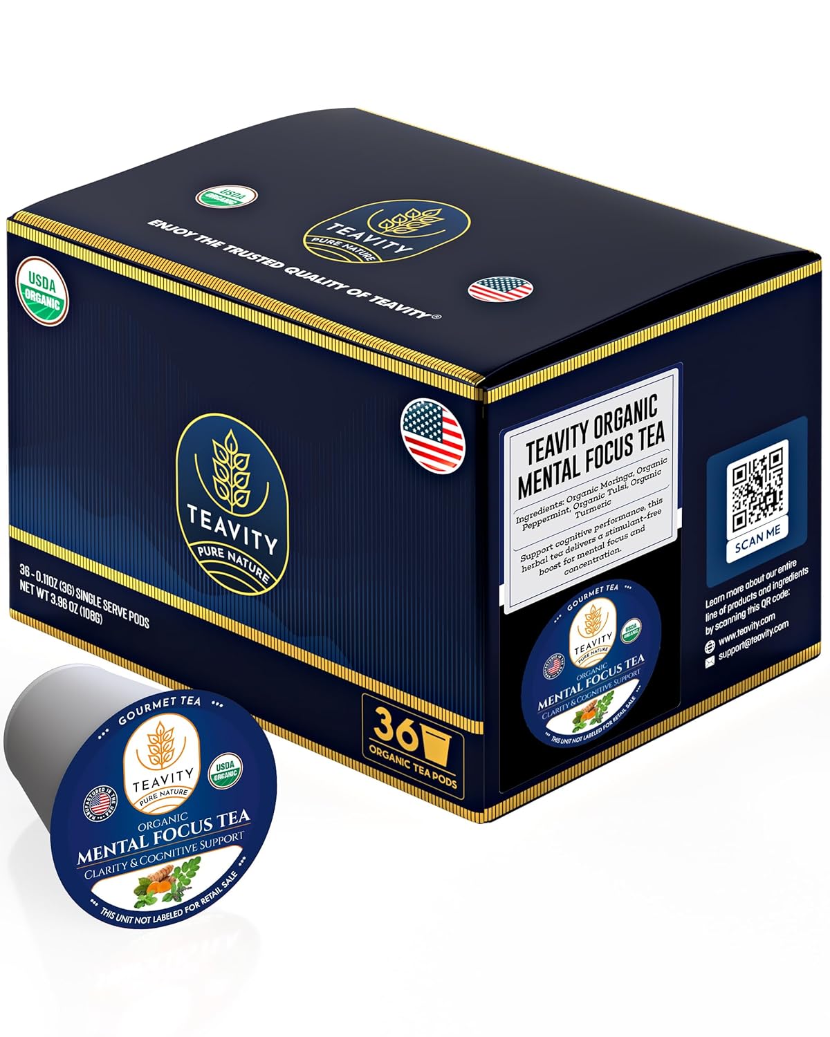 Organic Tea Pods with Moringa, Peppermint, Holy Basil & Turmeric - Naturally Decaf Tea - Mental Focus by Teavity (36)