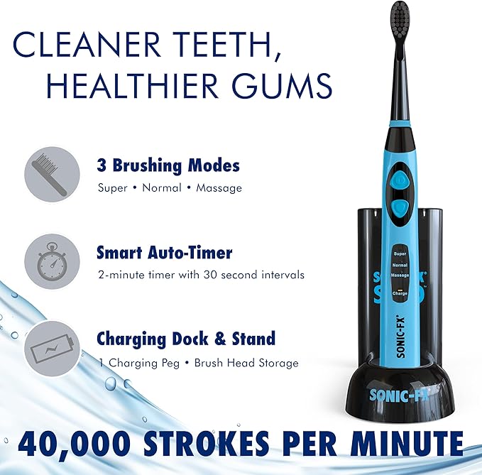 Sonic-FX Solo Electric Toothbrush w/ 10 Brush Heads + 1 Interdental, Charcoal Bristles, Rechargeable, Charging/Storage Base, 3 Brush Modes, Smart Timer, 2 Months Use on Full Charge, Blue Color