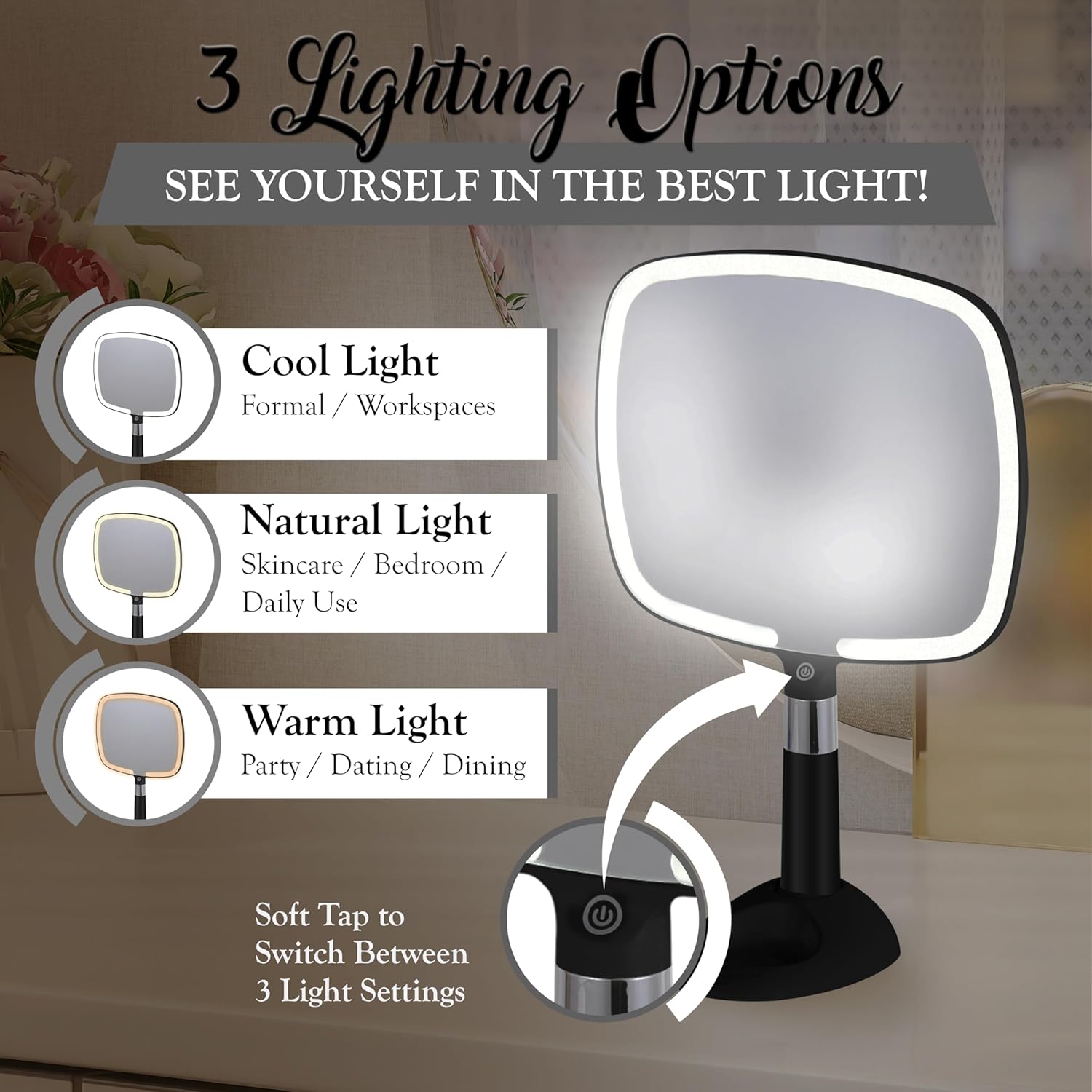 MIRRORVANA Lighted Travel Makeup Mirror - 2 in 1 Handheld & Tabletop LED Mirror with 3 Light Modes, Detachable Stand, and Comfy Handle - 9" x 13" (Black)