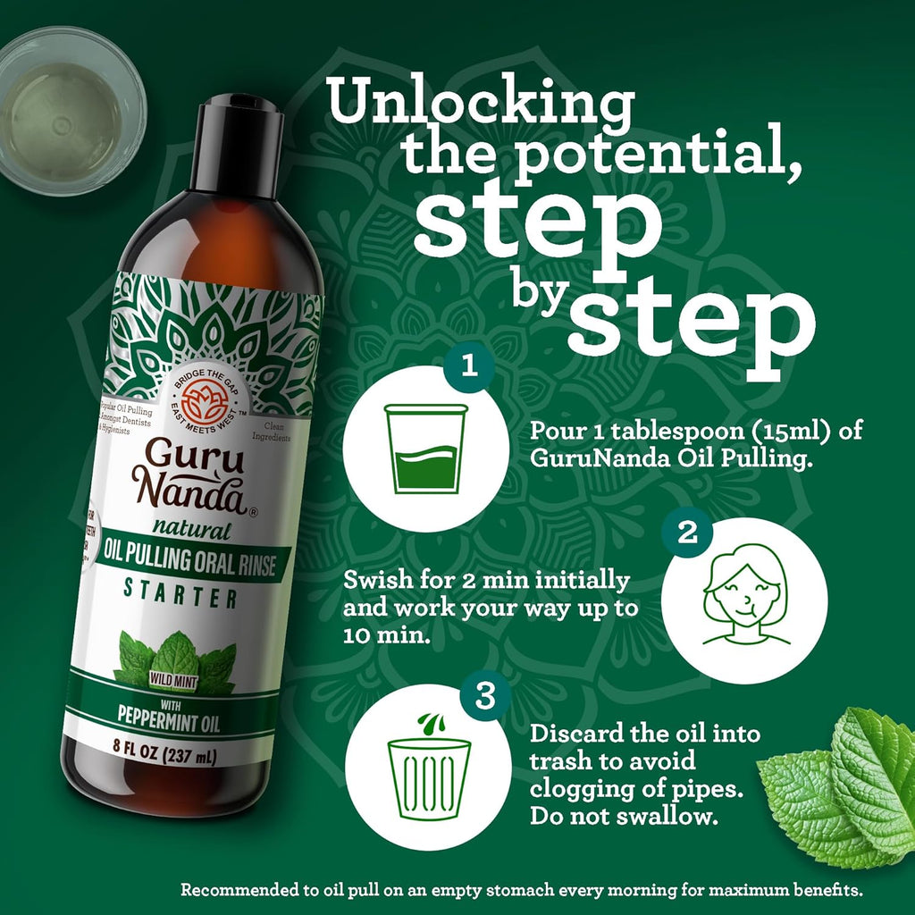 GuruNanda Starter Pulling Oil Mouthwash for Natural Teeth Whitening, Coconut and Peppermint Oil for Fresh Breath & Happy Gums, with Tongue Scraper, Alcohol-Free, 2X8 Oz