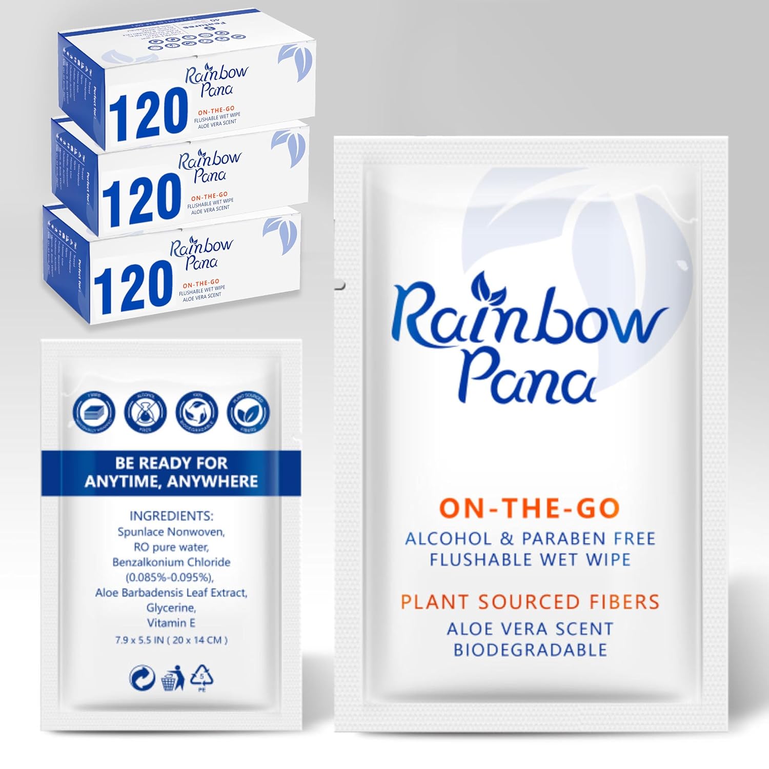RainbowPana Flushable Wipes, 360 Count, ON-THE-GO Individually Wrapped - Butt Wipes for Women and Men, Travel Wipes for Family - Infused with Vitamin E and Natural Aloe, pH Balanced