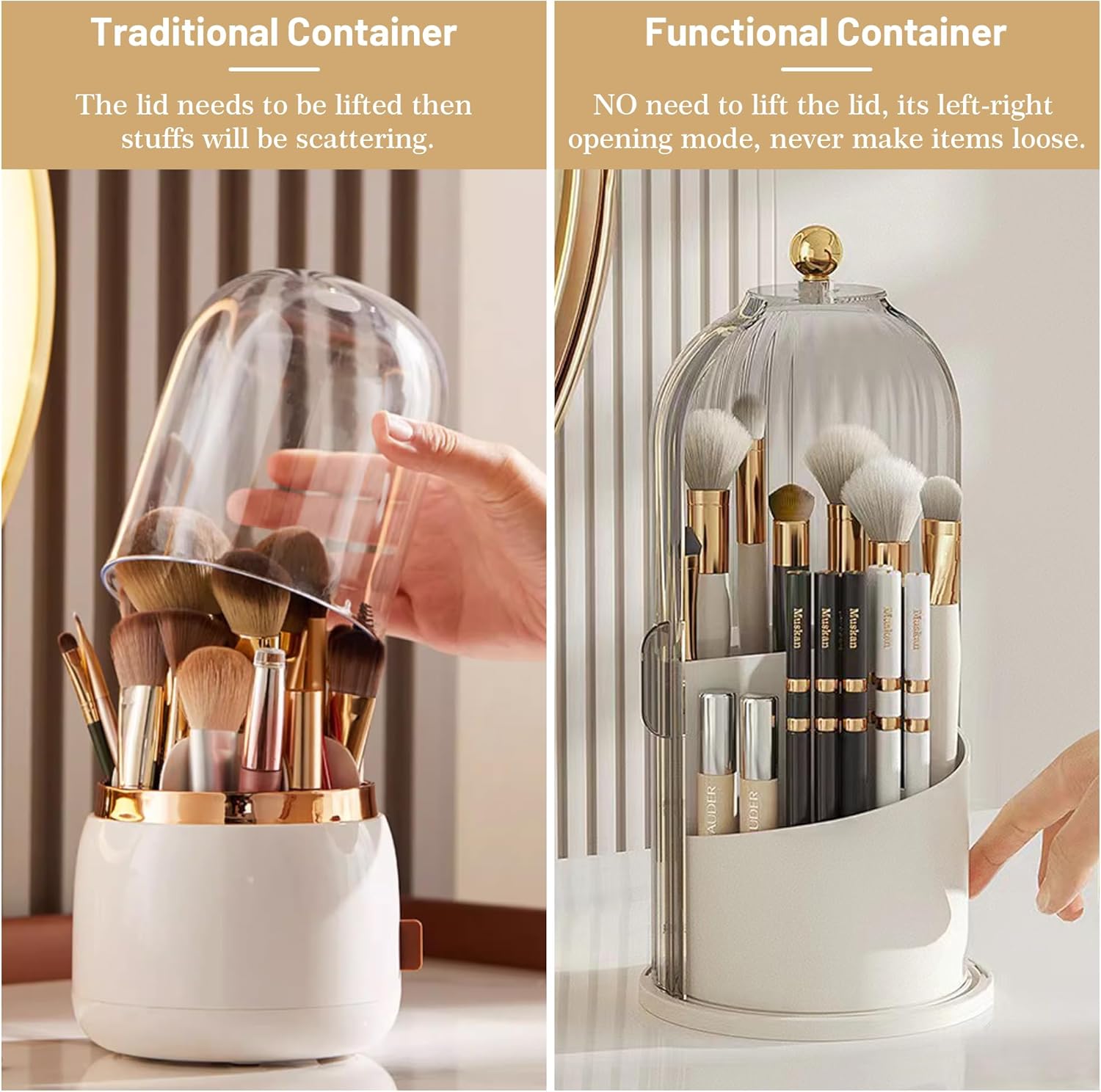 1PCS Makeup Brush Holder Organizer with Clear Lid 360 Rotating Sliding Opening Dustproof Brushes Container for Vanity