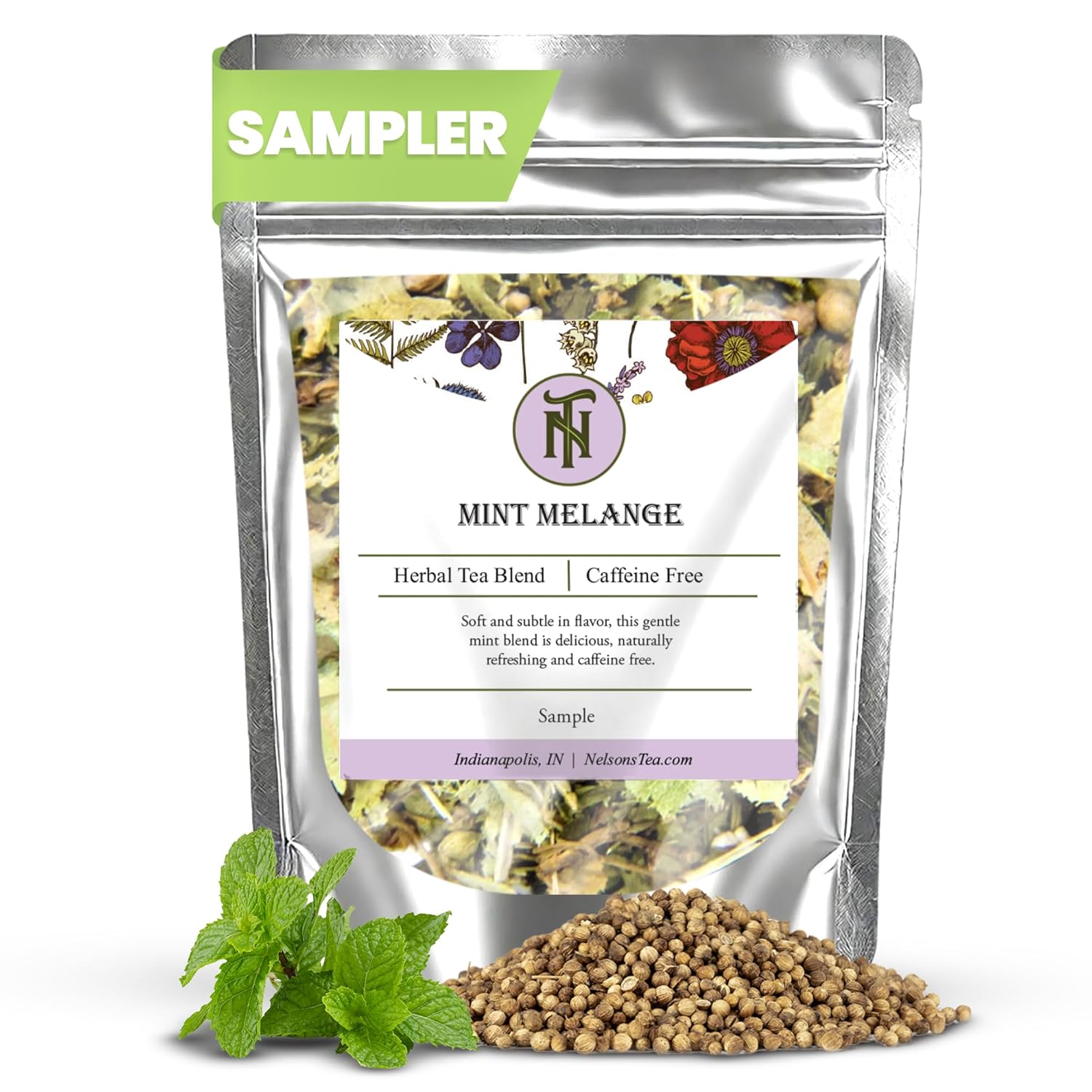 Nelson's Tea Mint Melange - Caffeine-Free, Herbal Loose Leaf Tea - Green Rooibos, spearmint, echinacea, linden leaf, coriander, eucalyptus (Sample 0.3 Oz)