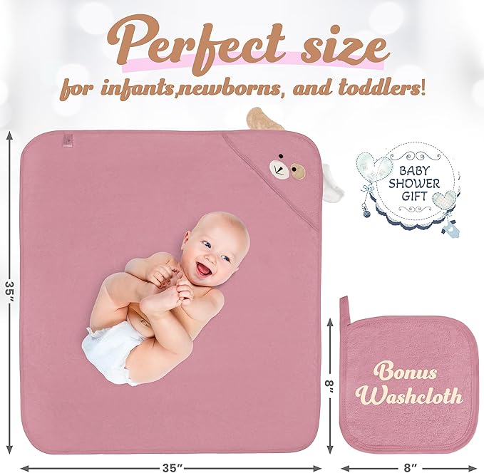 Baby Towels with Hood - Soft, Absorbent Viscose Made of Bamboo, Extra Large 35 x 35 Inches, for Newborns, Infants, Boys and Girls, Mauve Rose