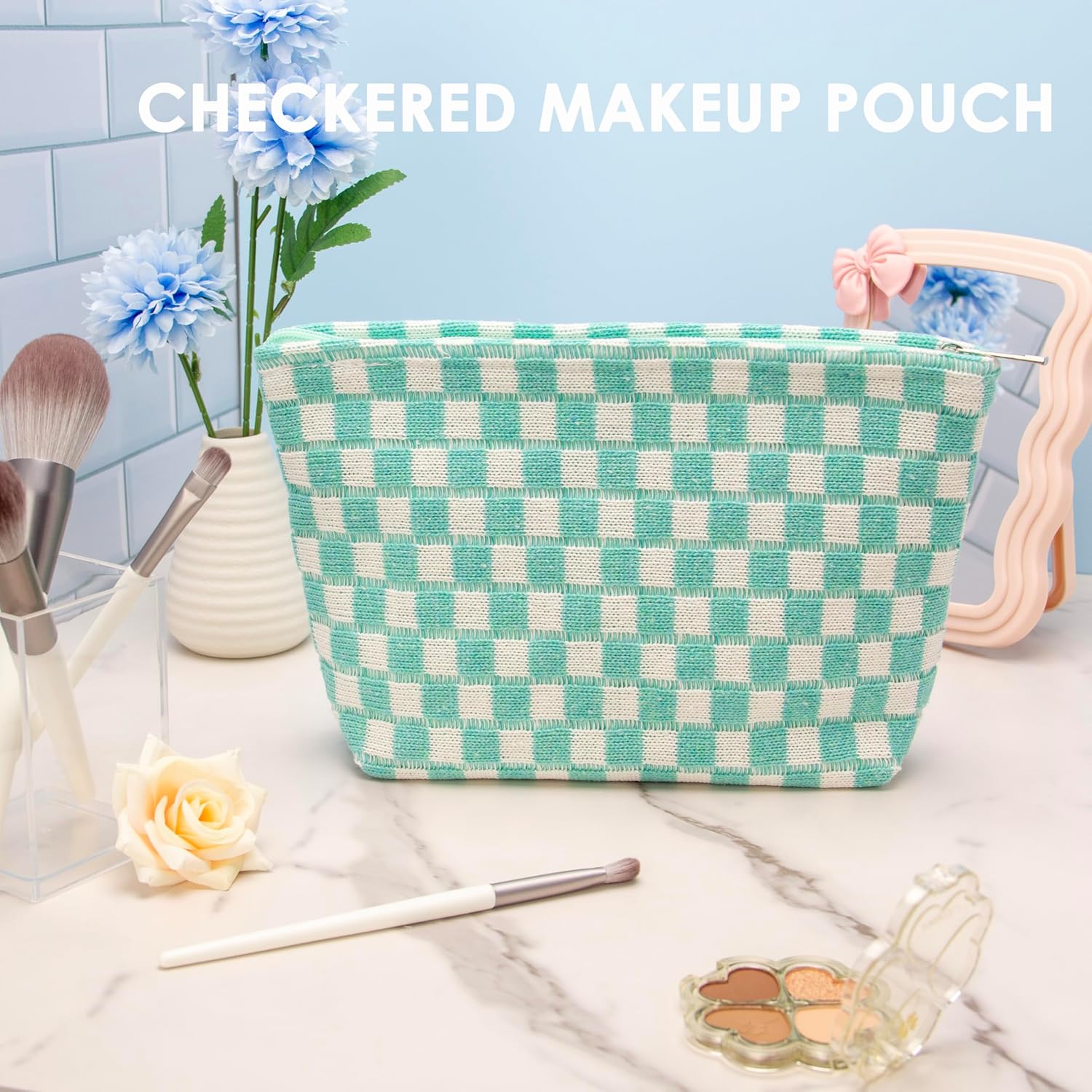 PAZIMIIK Knitted Checkered Makeup Bag Large Zipper Make Up Accessory Pouch for Purse Cosmetic Brush Bag for Travel Essential Arctic Blue