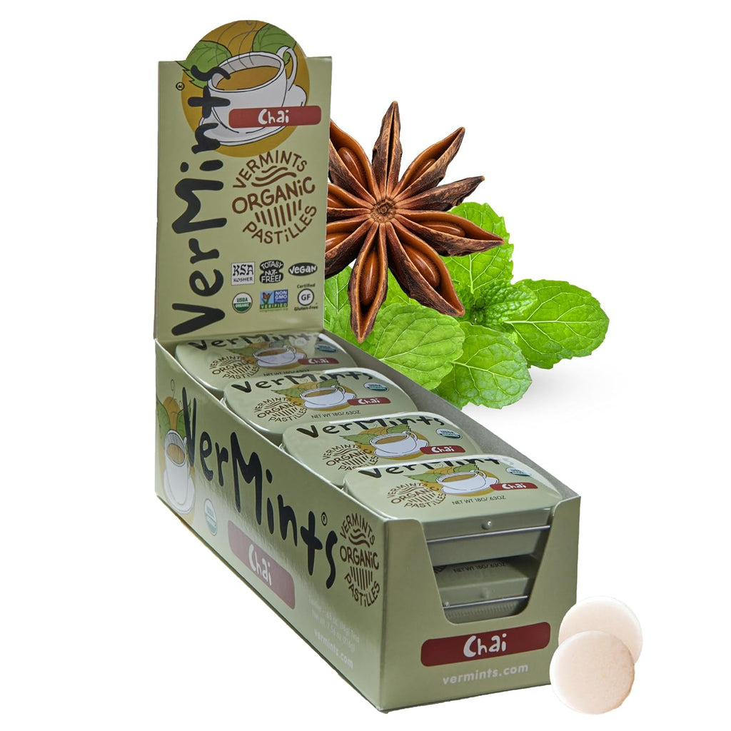 VerMints Organic Breath Mints - Real, Lasting Chai Flavored Pastilles - Breath Fresheners in Travel Mint Tins - Non-GMO, Nut Free, Gluten Free, Kosher & Vegan Candy - .63oz/18g (Pack of 12)