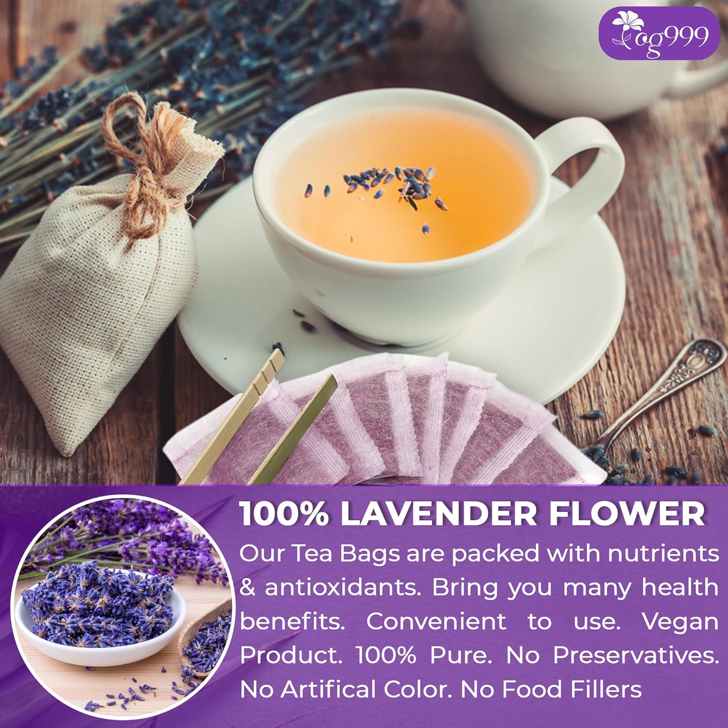 120 Lavender Flower Tea Bags, 100% Natural & Pure. Loose Flower Lavender Herbal Tea. No Sugar, No Caffeine, No Gluten, Vegan.