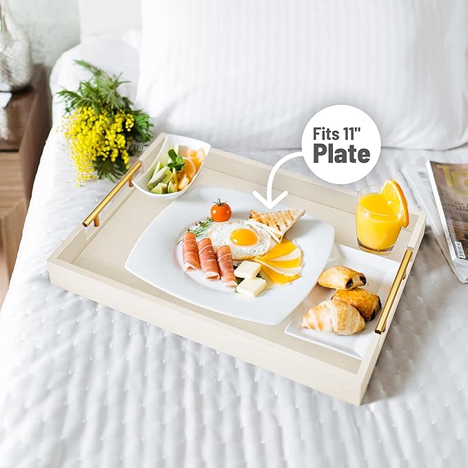 17" x 12" Wood Serving Tray with Gold Polished Metal Handles, Home Decorative Wooden Rectangle Ottoman Leather Decor Platter Bathroom Vanity Tray for All Occasions White