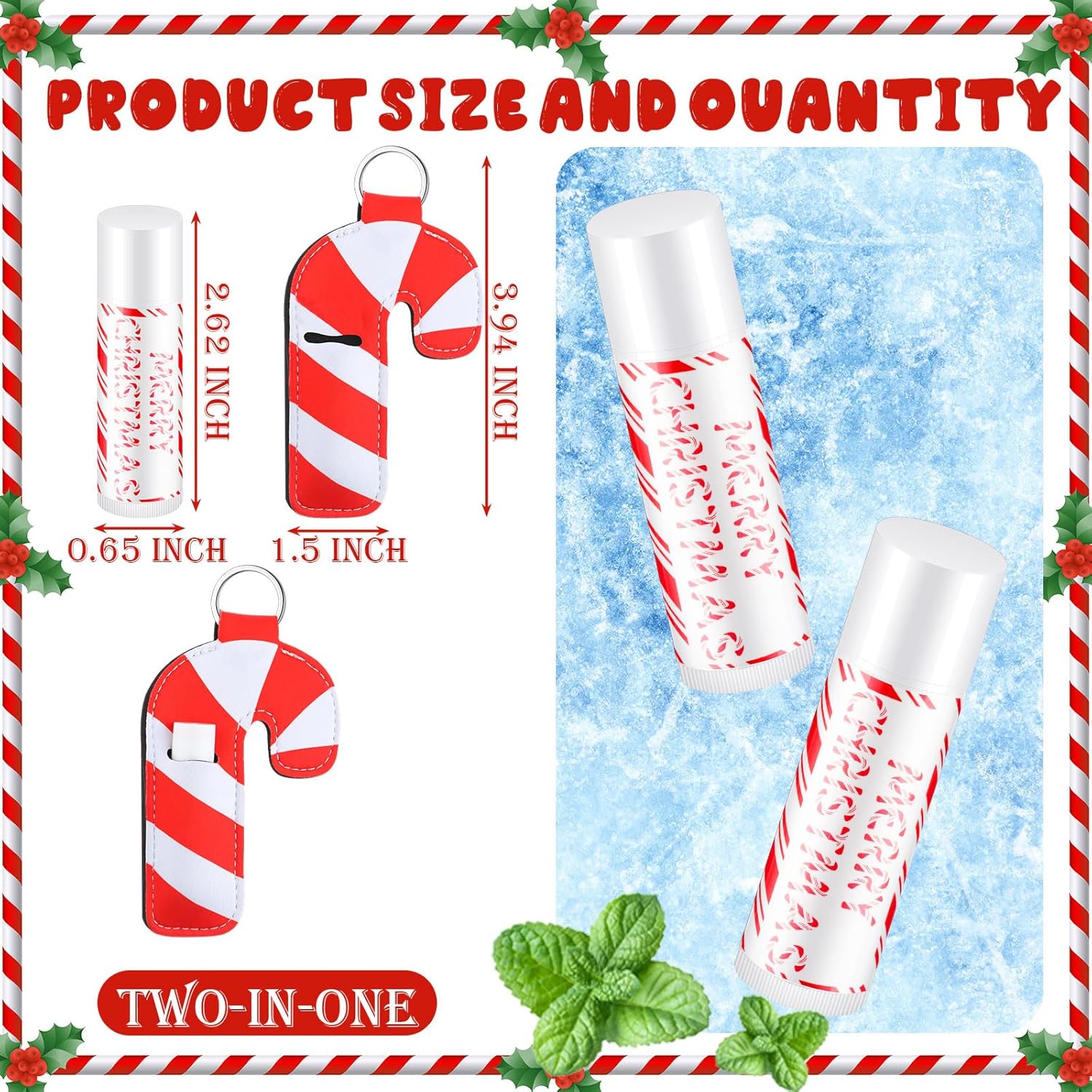 36 Pcs Christmas Lip Balm Lipstick Holder Keychain Bulk Candy Cane Merry Christmas Party Gifts Stocking Stuffers Peppermint Flavor Lip Care Moisturizing for Xmas Coworker Employee Family Gifts