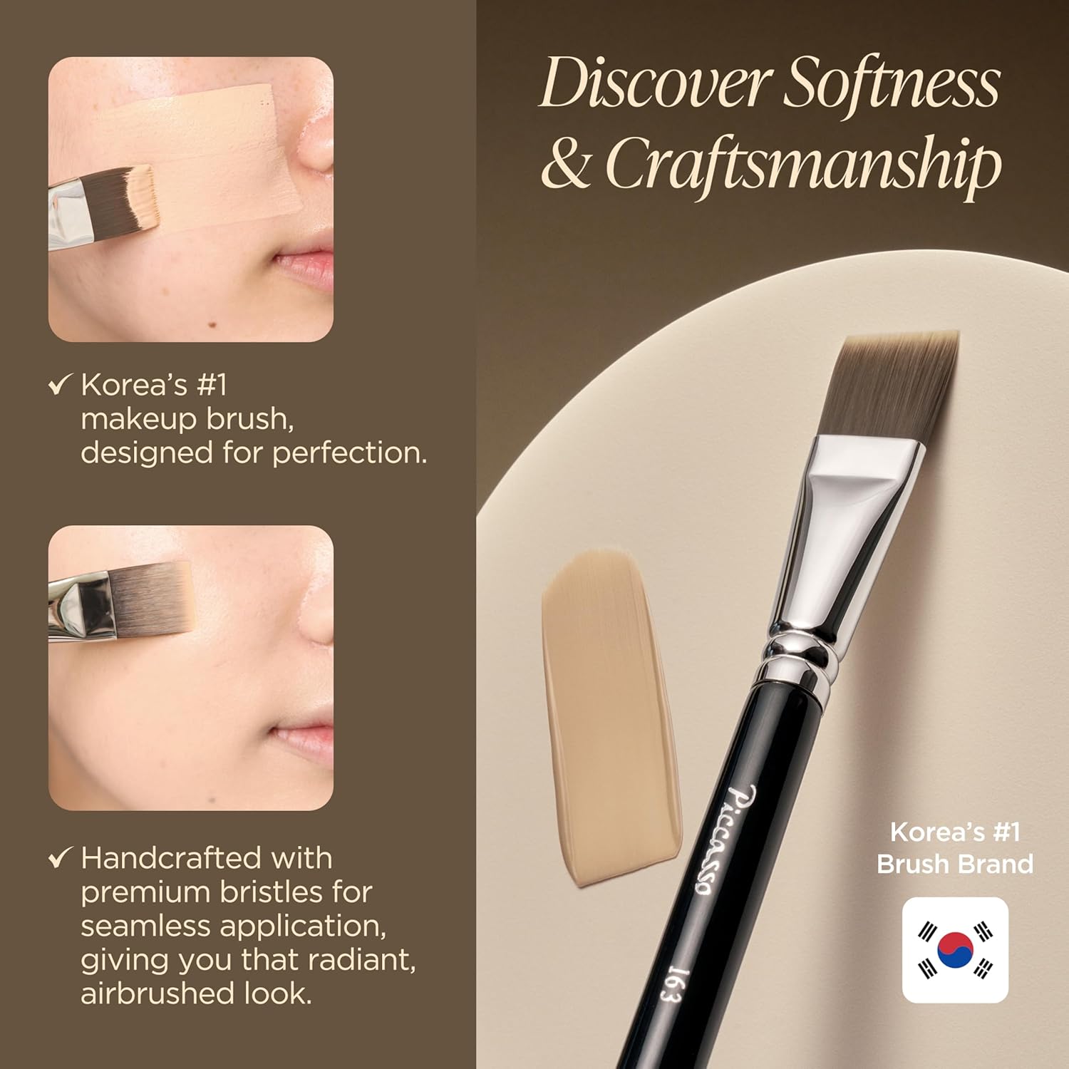 Piccasso 163 Foundation Brush – Dense Makeup Brush for Liquid & Cream Foundation, Soft Synthetic Bristles for Flawless Coverage and Face Makeup, Professional Korean Beauty Tool for Daily