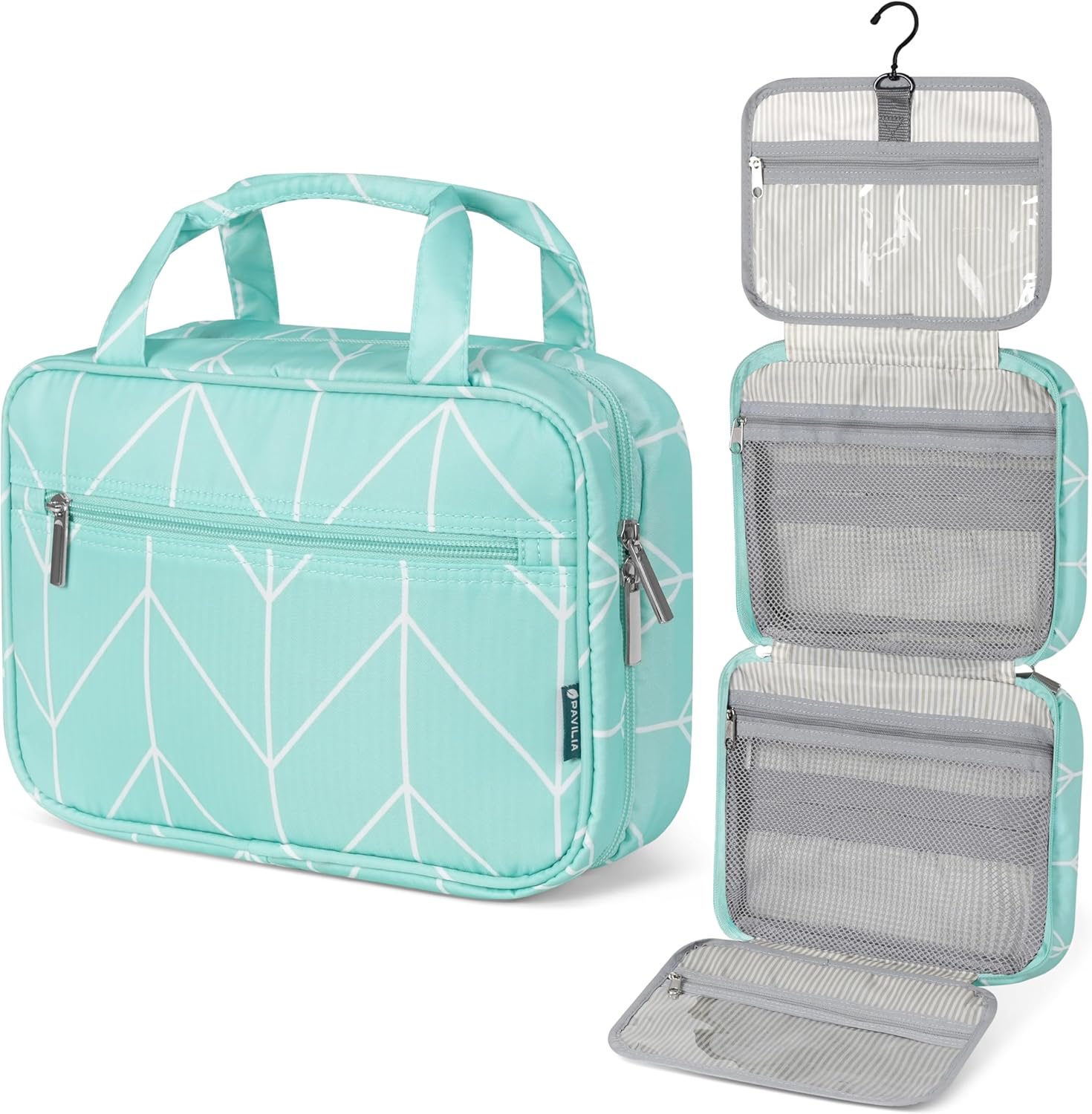 PAVILIA Hanging Toiletry Bag Travel Bag Women Men, Foldable Cosmetic Organizer, Roll up Makeup Bag, Water Resistant Accessories Toiletries, Large Travel Essentials Kit (Teal Chevron)