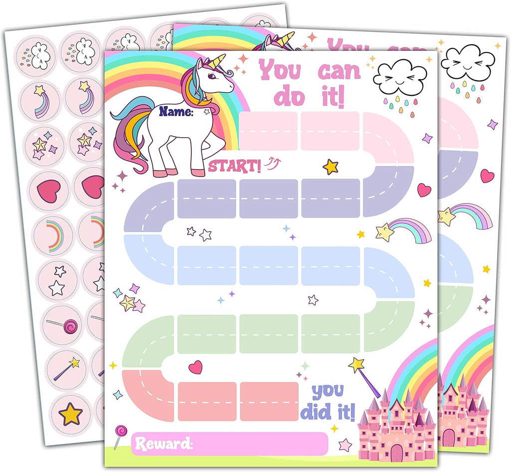 10 Unicorn Reward Chart with 216 Round Stickers, Incentive Behavior Chart for Kids at Home Classroom, Kids Routine Daily Chore Sticker Chart-A20
