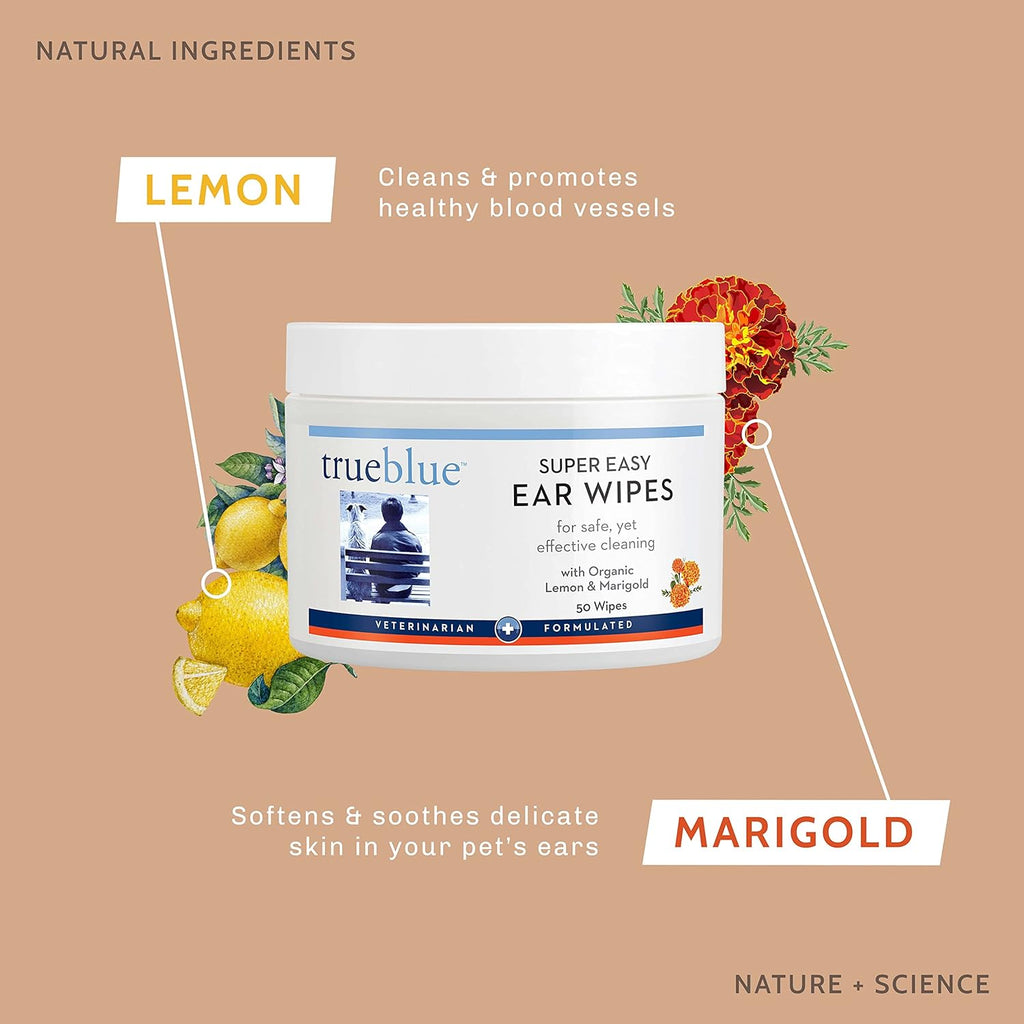 TrueBlue Lemon & Marigold Super Easy Dog Ear Wipes – Pre-Moistened Puppy Pads for Ear Cleaning – Cleansing Ear Wipe for Dogs, Puppies – Non-Toxic, All-Natural – 50 Count