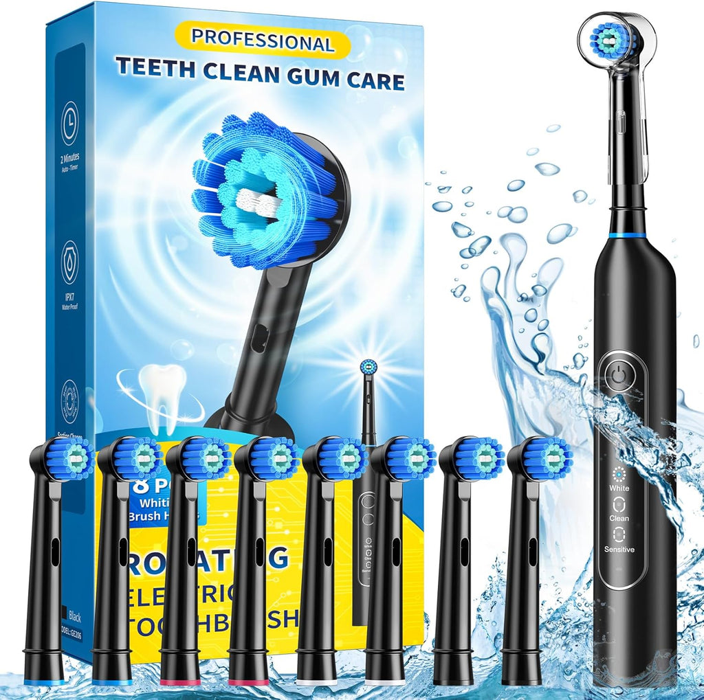 TEETHEORY Rotating Electric Toothbrush for Adults with 8 Brush Heads, Sensitive Gum Care Electric Toothbrush with 3 Modes and 2 Min Smart Timer, Rechargeable Last 60 Days