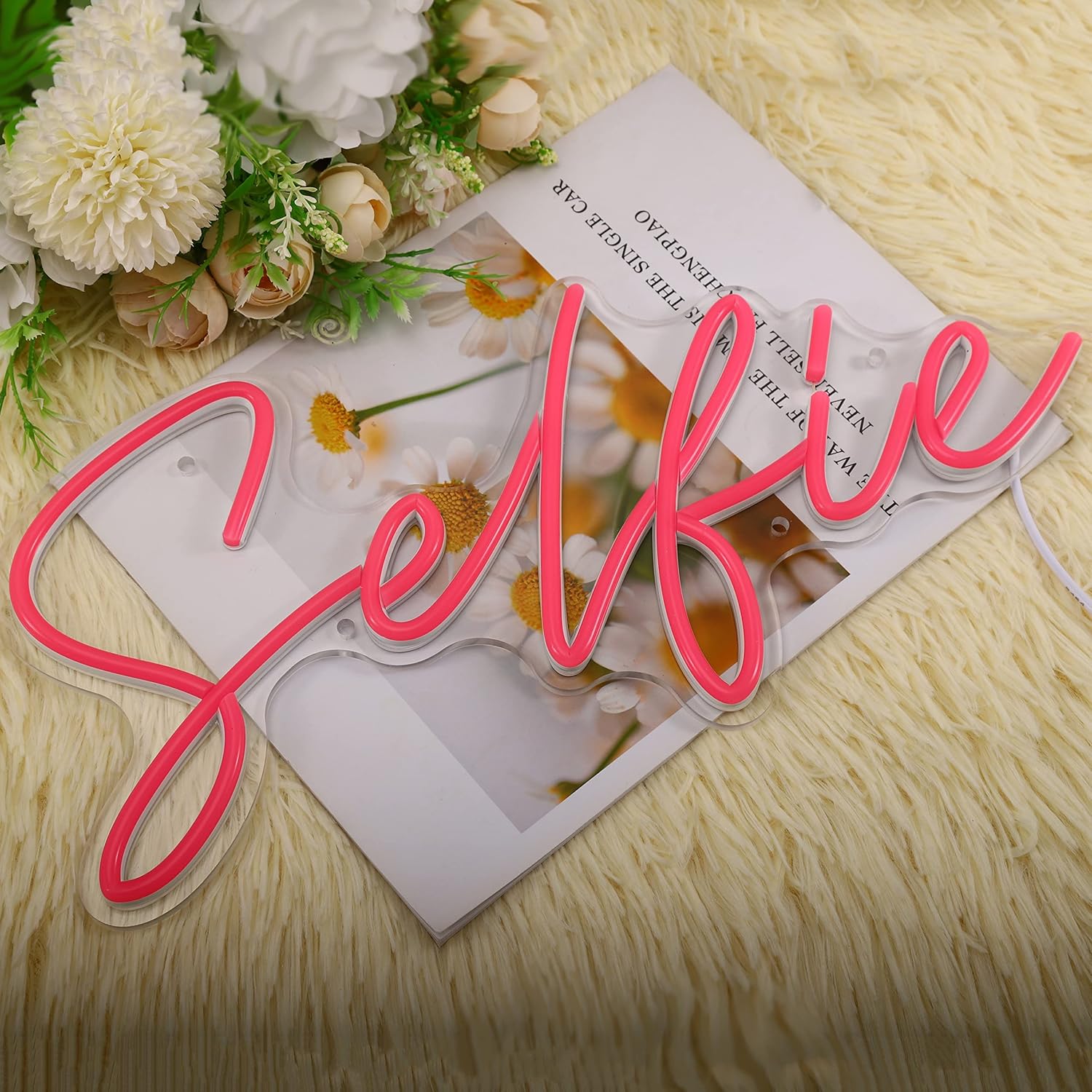 SYLHOME Selfie Pink LED Neon Light Sign Cute Makeup Girls Bedroom Light Up Mirror Wall Decor Sign Photo Studio Boys Kids Room Birthday Party Decor USB 15.2" X 7.1"