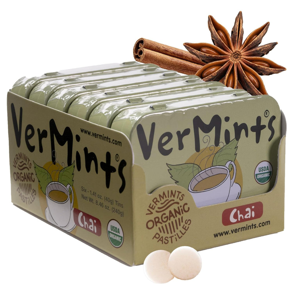 VerMints Organic Breath Mints - Real, Lasting Chai Flavored Pastilles - Breath Fresheners in Travel Mint Tins - Non-GMO, Nut Free, Gluten Free, Kosher & Vegan Candy - 1.41oz (Pack of 6)