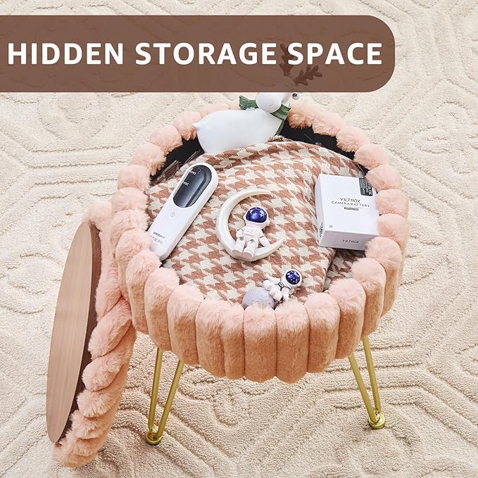 Wimarsbon Vanity Stool with Storage, Faux Fur Ottoman Chair with Metal Legs, Round Makeup Vanity Chair for Bedroom or Dressing Table, Modern Small Ottoman Seat (Beige)