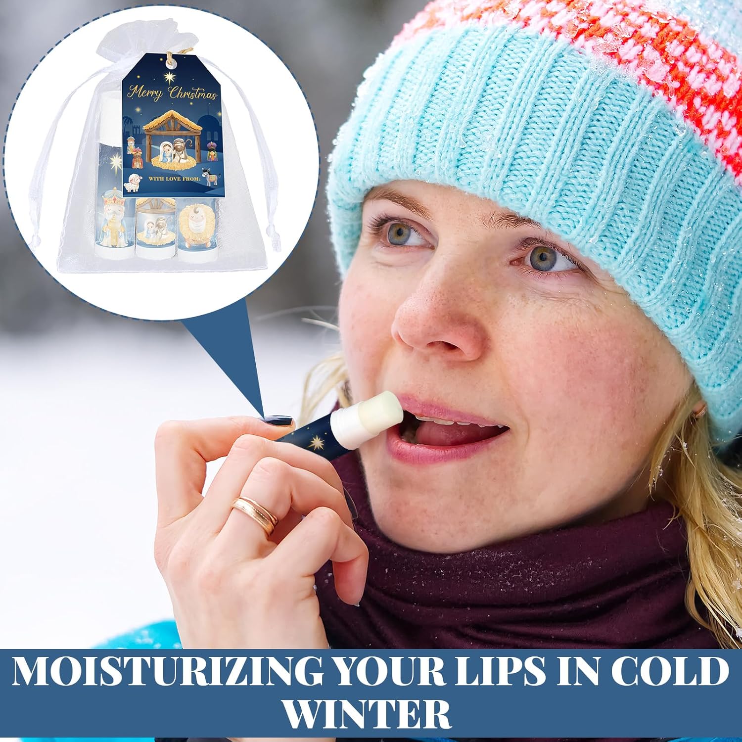 Dunzy 50 Sets Nativity Lip Balm Bulk Christian Religious Moisturizing Lip Balms Holiday Treat Gifts Favors with 50 Organza Bags 50 Tags for Women Christmas Stocking Stuffers Party Supplies