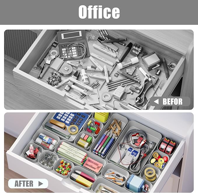 Plastic Drawer Organizers, 10 PCS Drawer Organizer Bins, Bathroom and Vanity Organizer Plastic Tray, Makeup organizer and storage for Makeup, Bedroom, Kitchen Gadgets Utensils and Office (Gray)