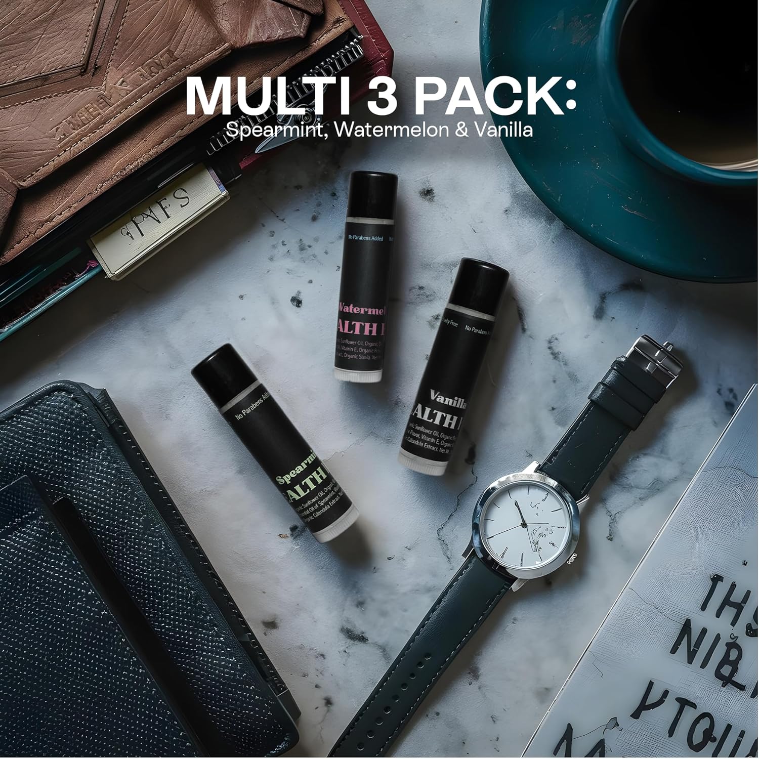 Organic Variety Lip Balm - SPF 15 Sun Protection, Moisturizing Lip Balm, Includes Watermelon, Vanilla and Mint Lip Balms, Chapstick & Smooth Chapped Lips, 3-Pack