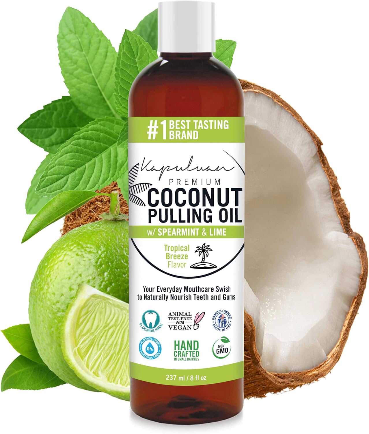 Kapuluan Coconut Oil Pulling for Teeth and Gums Mouthwash, 100% Pure and Natural, Non-GMO, Ayurvedic – Refreshing Spearmint and Lime Essential Oils