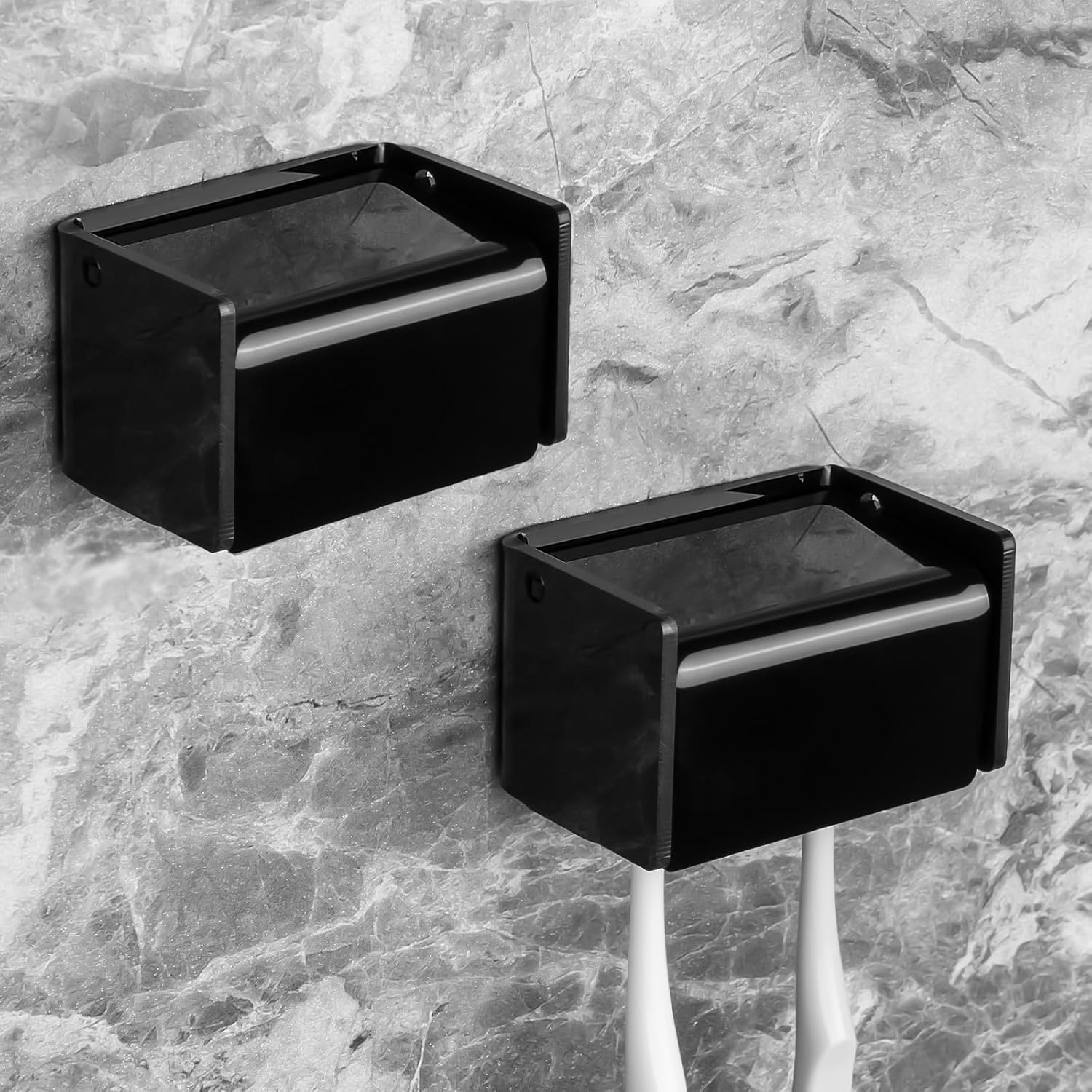 2 Pack Toothbrush Holder Wall Mounted with Cover for Bathroom, 2 Slots Toothbrush Storage Organizer for Shower, Self Adhesive Toothbrush Hanger Rack for Dorm, Cabinet (Black)