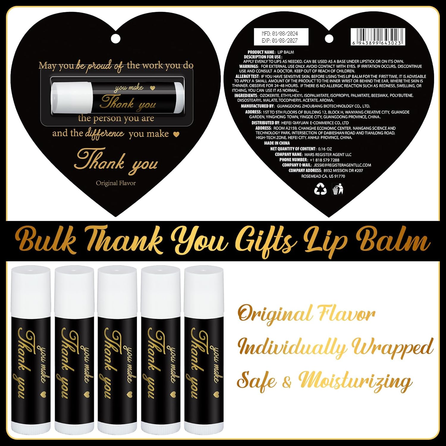 30 Pack Christmas Employee Appreciation Gift Lip Balms Bulk Staff Teacher Team Volunteer Thank You Gift Thanksgiving Christmas Appreciation Party Favor for Women Men(Heart,Black Gold)