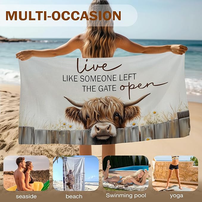 Highland Cow Western Beach Towel, Rustic Highland Cow Pool Towels, Rustic Cottagecore Large Beach Bath Travel Towels for Camping, Western Country Cows Bathroom Accessories Decor, 30x60in