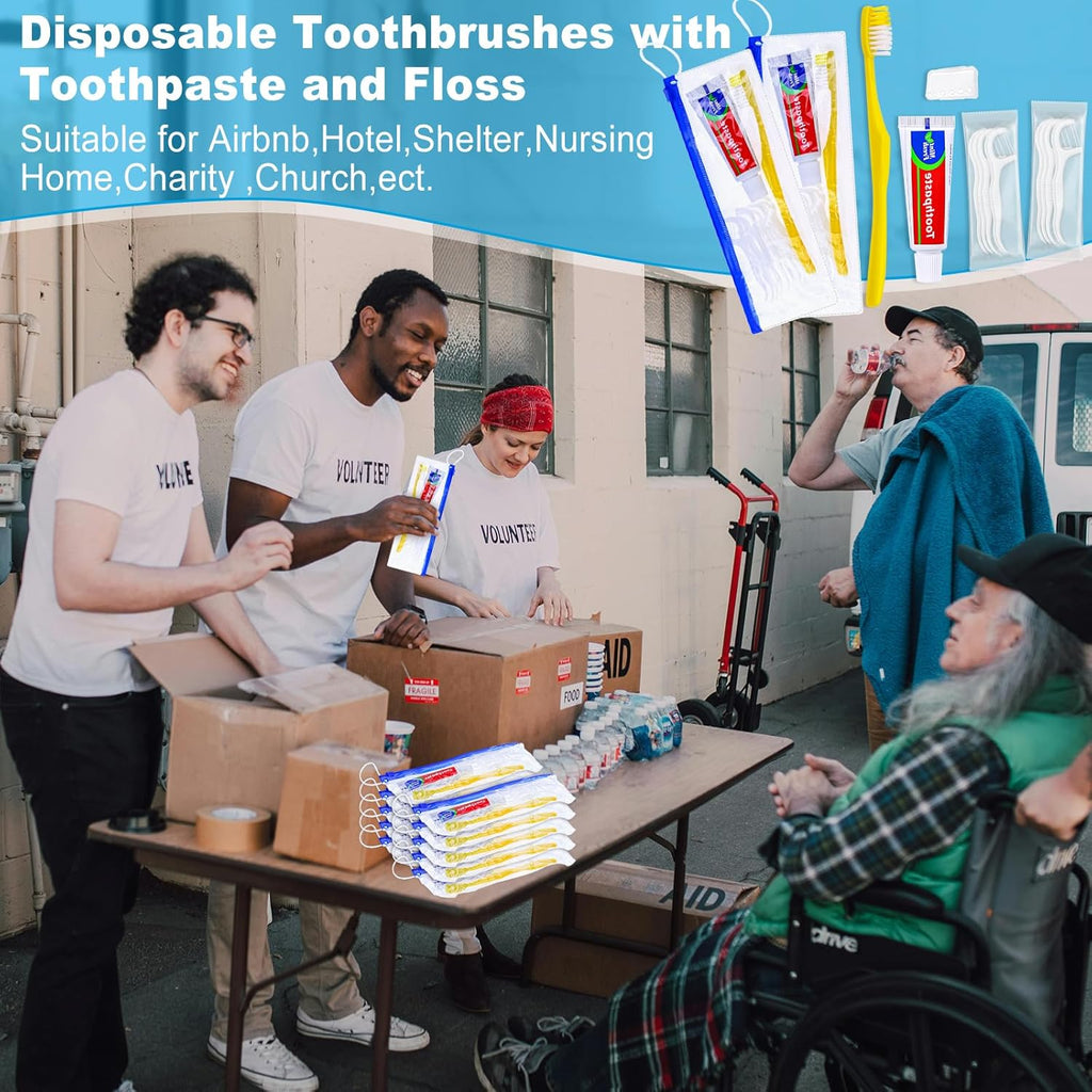 10 pcs Disposable Toothbrushes with Toothpaste and Floss Set,Yellow Individually Wrapped Bulk Single Use Toothbrush Floss Cover Travel Toothbrushes Kit with Zip Bag for Homeless,Hotel,Guest