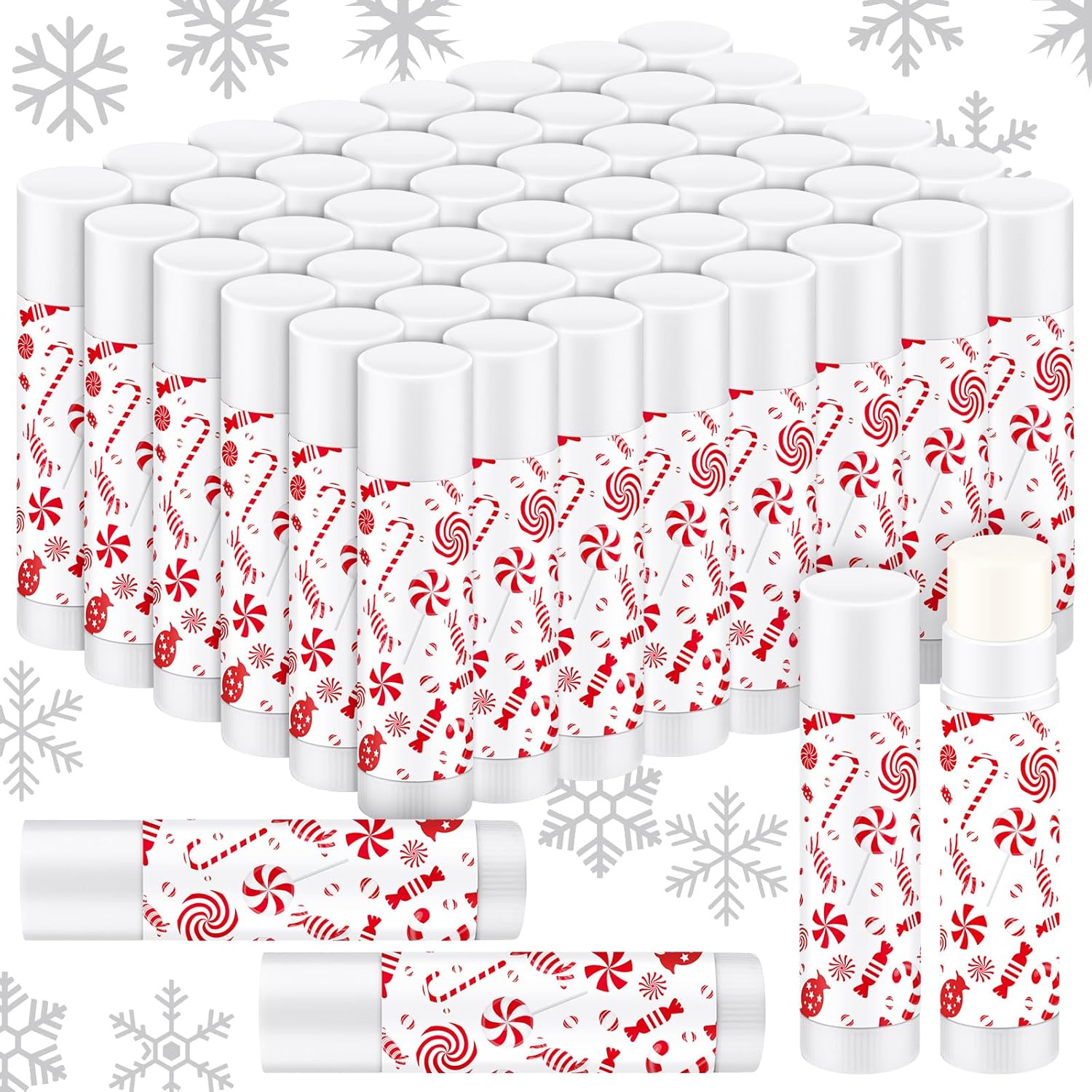 50 Pack Christmas Lip Balms Bulk Christmas Candy Peppermint Cane Scented Holiday Flavor Lip Balm Gifts Xmas Party Gifts Bulk Xmas Items Stocking Stuffers for Women Men Staff Employee (Lollipop 2)