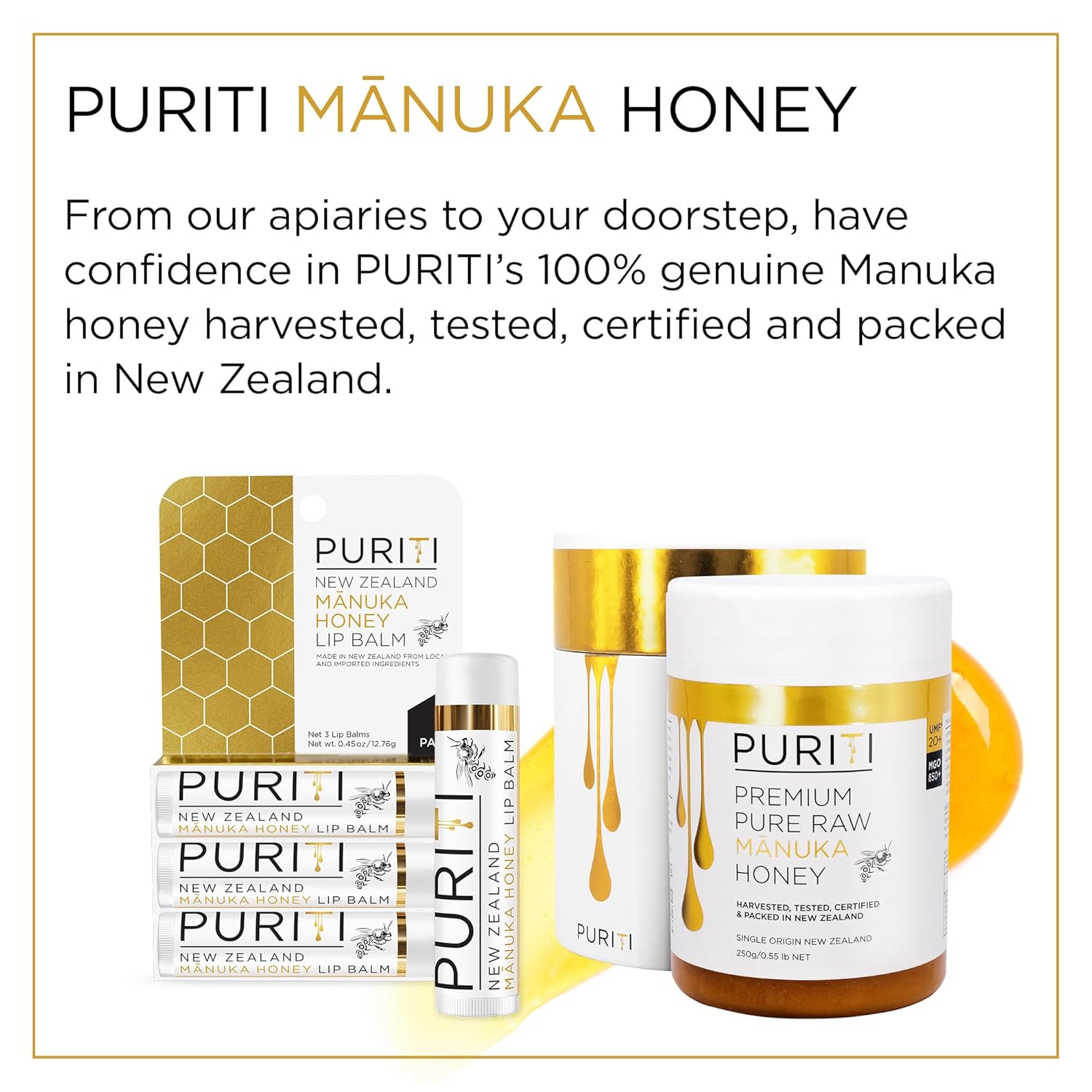 PURITI Manuka Honey Lip Balm – 3pack Soothing & Moisturizing, Enriched with Almond, Jojoba, Macadamia Oils, Cocoa Butter, Hydrating for Dry & Chapped Lips, 100% Genuine New Zealand Manuka Honey