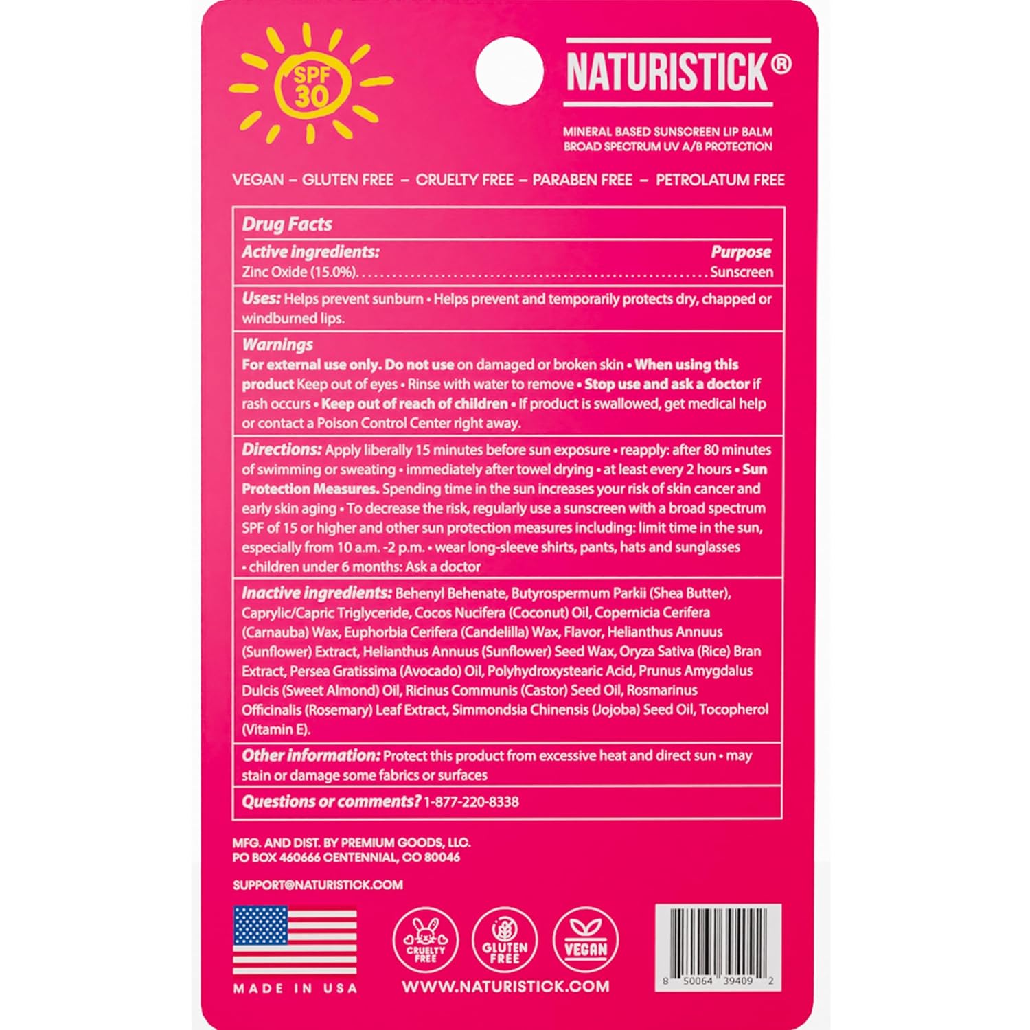 Naturistick SPF 30 Vegan Lip Balm – Mineral Sunscreen with Zinc Oxide | Broad Spectrum UVA/UVB Protection | 100% Natural, Coral-Friendly Formula | Oxybenzone Free | 5-Pack Raspberry | Made in USA