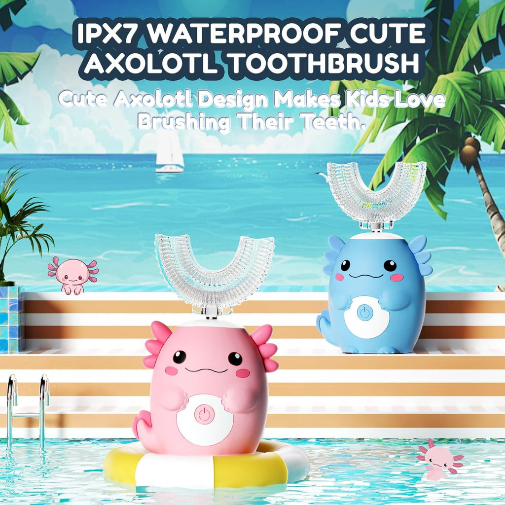 Kids Electric U Shaped Toothbrush - Axolotl Kids Sonic Toothbrush with 6 Brush Head Automatic Rechargeable 6 Cleaning Modes Full Mouth Cleaning-Blue