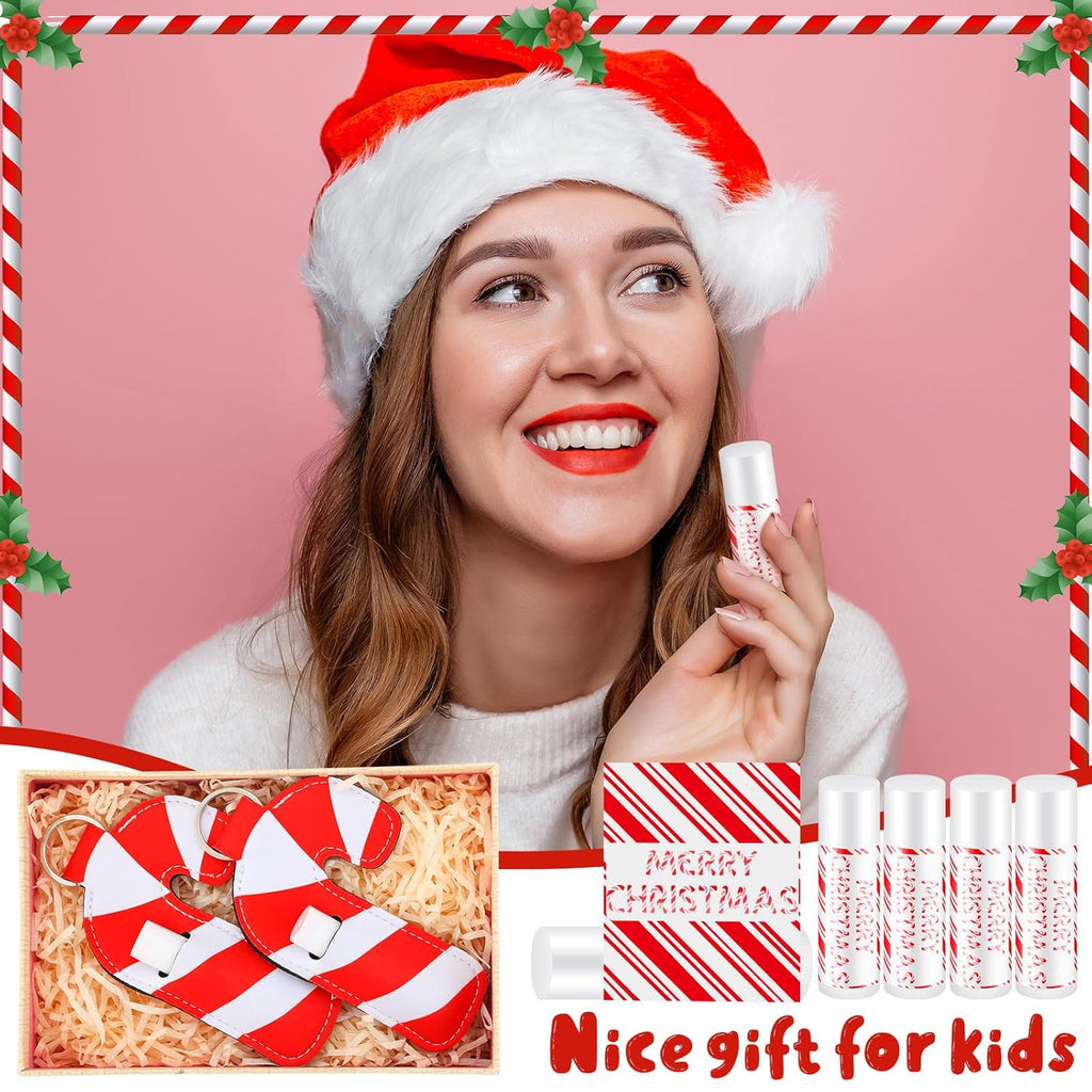 36 Pcs Christmas Lip Balm Lipstick Holder Keychain Bulk Candy Cane Merry Christmas Party Gifts Stocking Stuffers Peppermint Flavor Lip Care Moisturizing for Xmas Coworker Employee Family Gifts