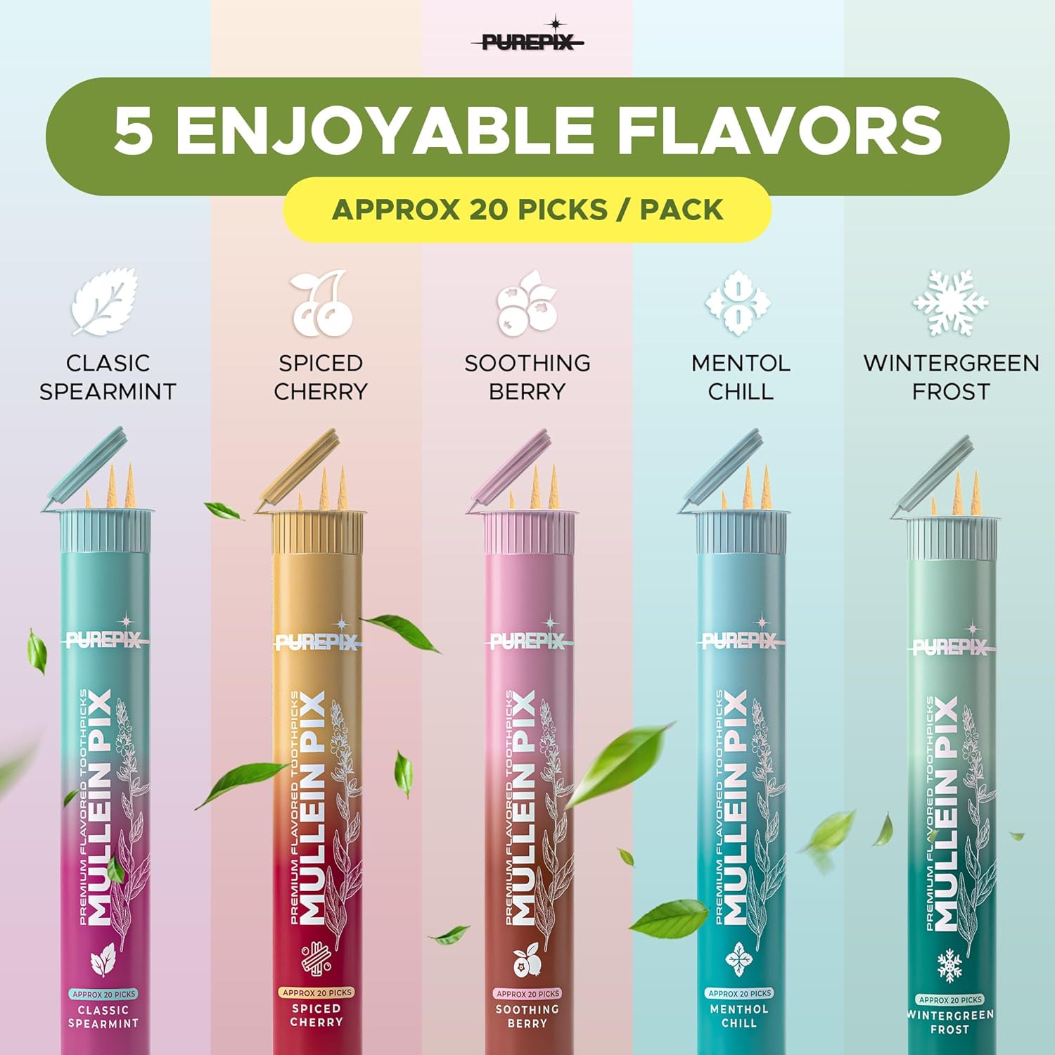 Mullein Pix, Extra Thick Flavored Toothpicks Infused with Mullein Leaf, Natural Quit Smoking Alternative, Lung Cleanse Support, Nicotine Free, Kosher Vegan, Made in The USA (Classic Spearmint 3 Pack)