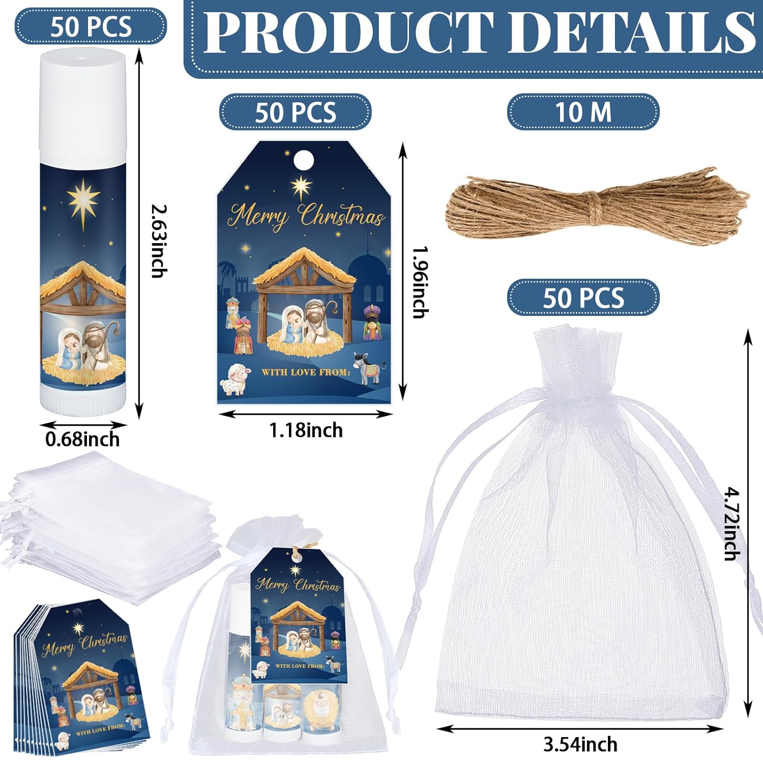 Dunzy 50 Sets Nativity Lip Balm Bulk Christian Religious Moisturizing Lip Balms Holiday Treat Gifts Favors with 50 Organza Bags 50 Tags for Women Christmas Stocking Stuffers Party Supplies