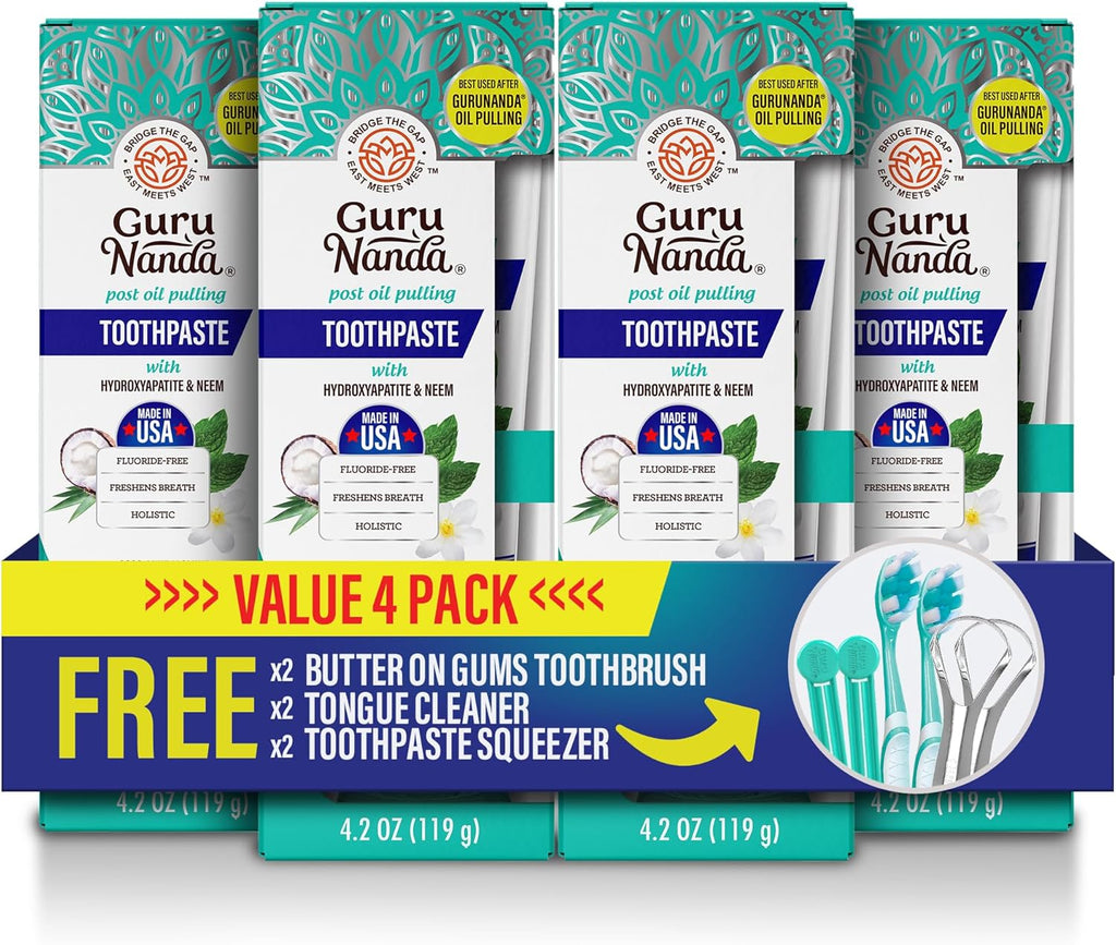 GuruNanda Hydroxyapatite Toothpaste, SLS & Fluoride Free (4 Pack), Whitening Toothpaste - Freshens Breath, Fights Plaque - with 2 Toothbrushes, 2 Tongue Scrapers & 2 Tube Squeezers
