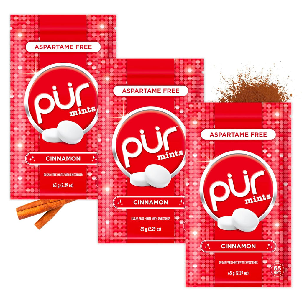 PUR Mints | Aspartame Free Breath Mints | Made with Xylitol | Sugar Free, Vegan, Gluten Free | Natural Cinnamon Flavor | 65 Pieces in Re-Sealable pouch (Pack of 3)