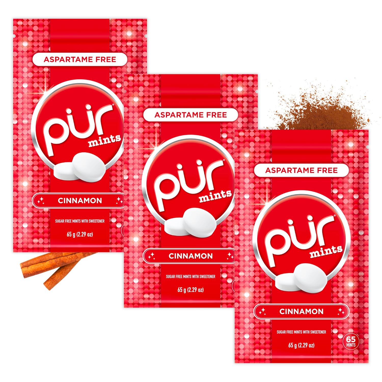 PUR Mints | Aspartame Free Breath Mints | Made with Xylitol | Sugar Free, Vegan, Gluten Free | Natural Cinnamon Flavor | 65 Pieces in Re-Sealable pouch (Pack of 3)