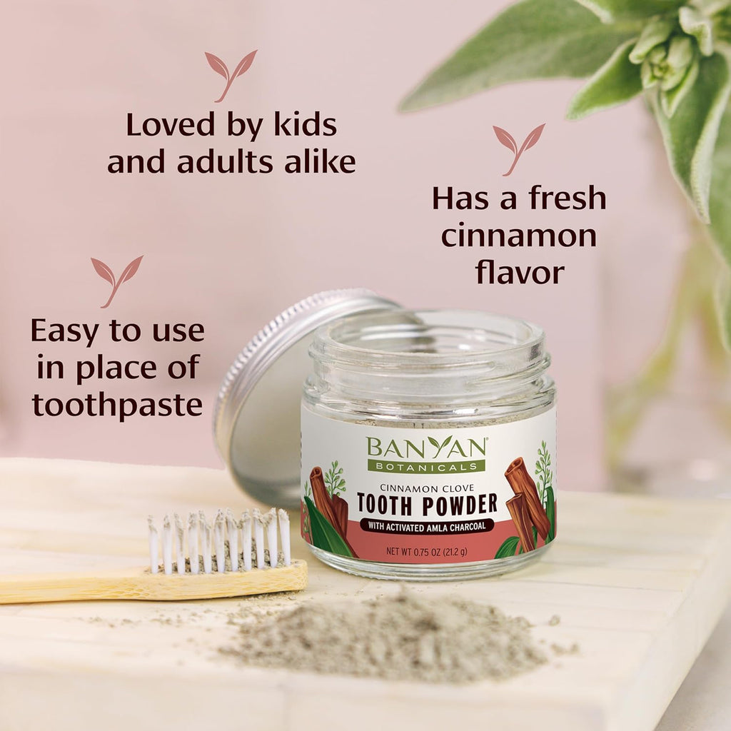 Banyan Botanicals Cinnamon Clove Tooth Powder – Ayurvedic Fluoride-Free Toothpaste Alternative with Miswak & Activated Charcoal from Amla – 0.75oz, 80+ Uses – Non GMO Sustainably Sourced Vegan