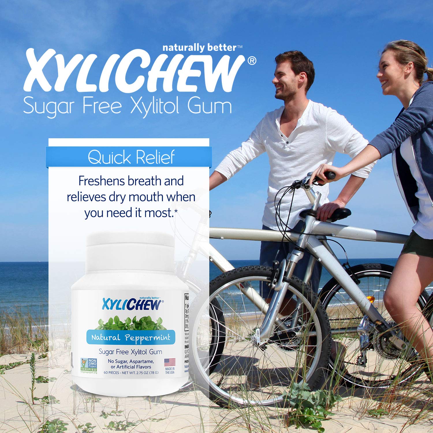 Xylichew 100% Xylitol Chewing Gum - Non GMO, Non Aspartame, Gluten Free, and Sugar Free Gum - Natural Oral Care, Relieves Bad Breath and Dry Mouth - Peppermint, 240 Count