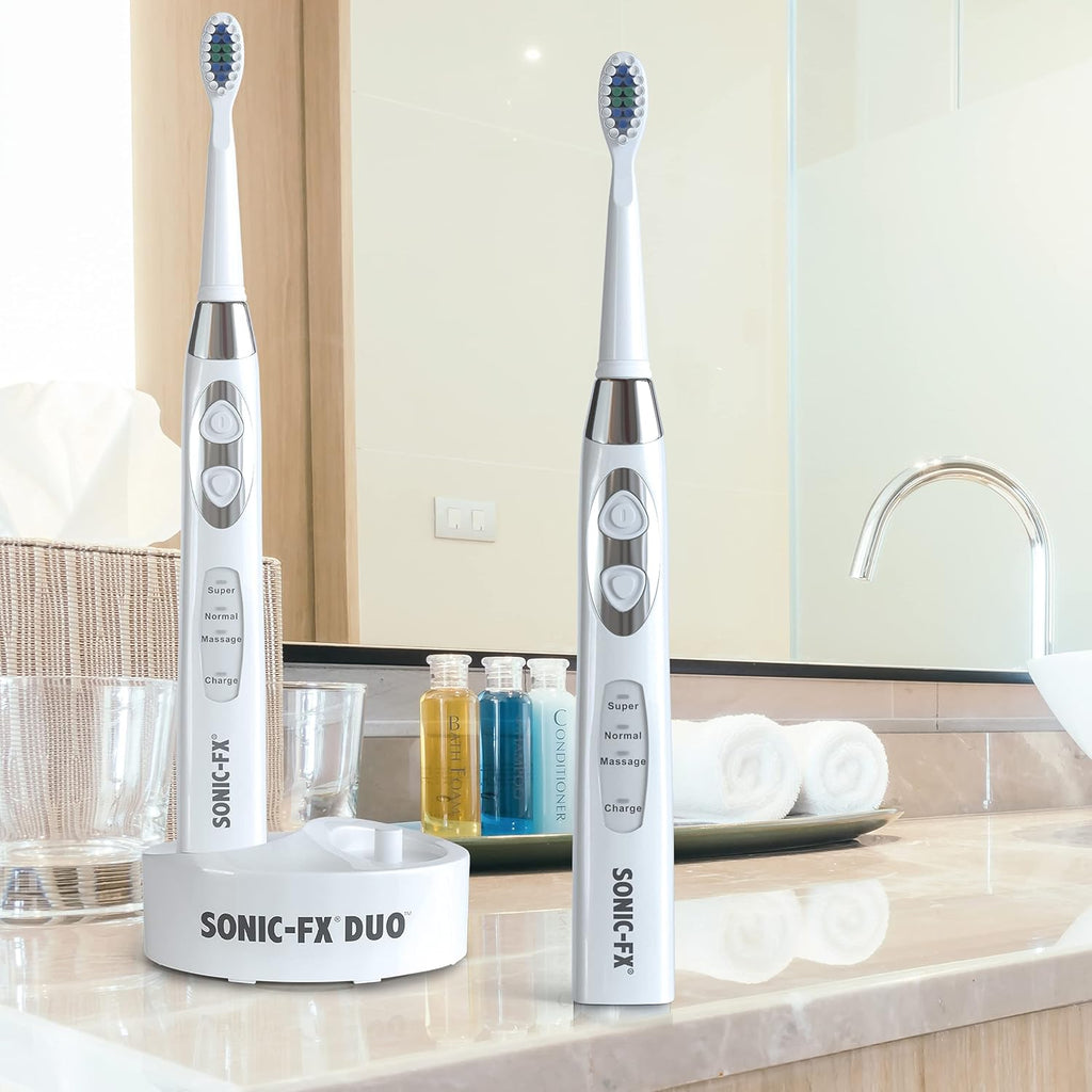 Sonic-FX Duo Rechargeable Electric Toothbrush Set - with 14 Brush Heads, 3 Modes, Smart Auto-Timer, Charging Dock Holder - Dual Handle Electric Tooth Brush for Adults & Kids, White