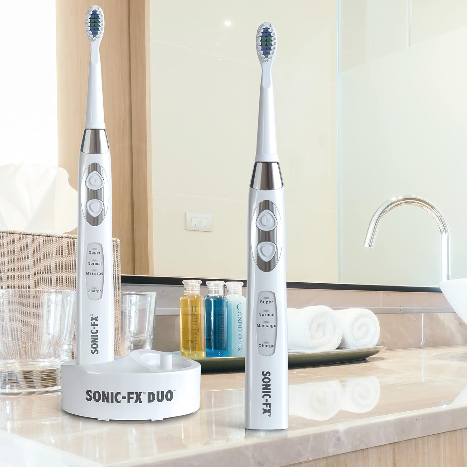 Sonic-FX Duo Rechargeable Electric Toothbrush Set - with 14 Brush Heads, 3 Modes, Smart Auto-Timer, Charging Dock Holder - Dual Handle Electric Tooth Brush for Adults & Kids, White