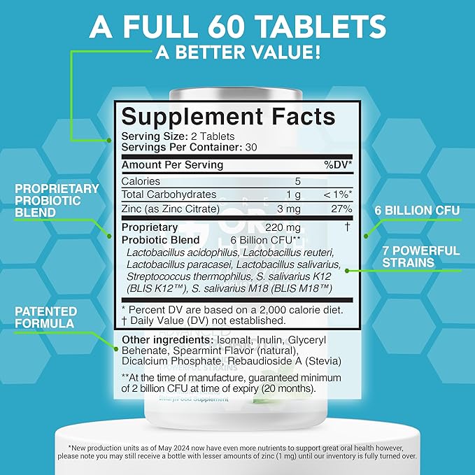 Oral Probiotics for Mouth Bad Breath Treatment for Adults: Dentist Formulated BLIS K12 M18 Advanced Oral Probiotics for Teeth and Gums, 60 Chewable Oral Health Probiotics Supplement Tablets (Mint 3pk)